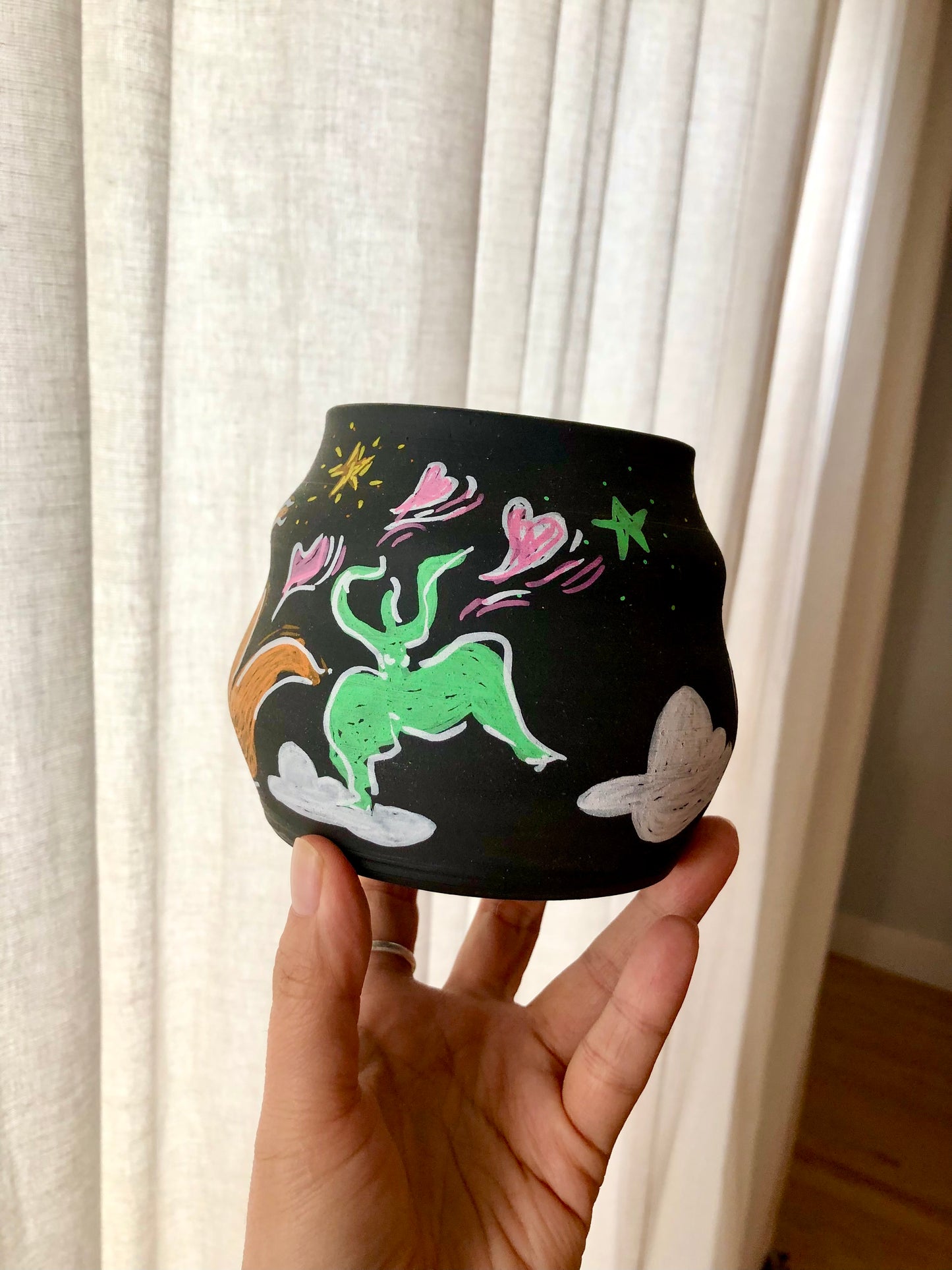 Handmade Black Vase – Moon Pottery | Dancing Figures, Hand-Drawn Art, Perfect Gift with Happy Vibes