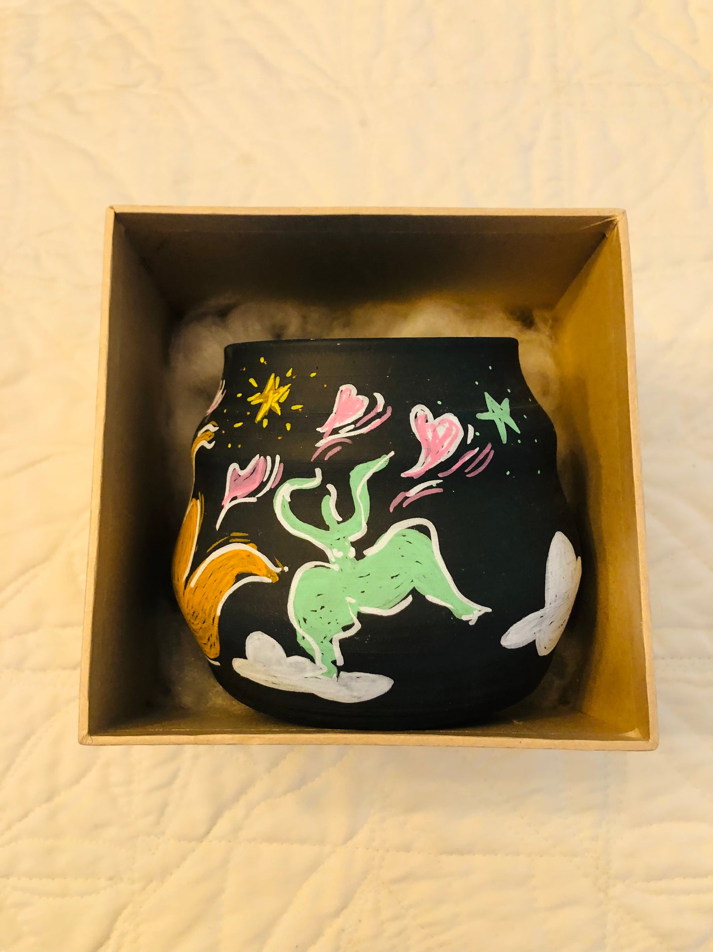 Handmade Black Vase – Moon Pottery | Dancing Figures, Hand-Drawn Art, Perfect Gift with Happy Vibes