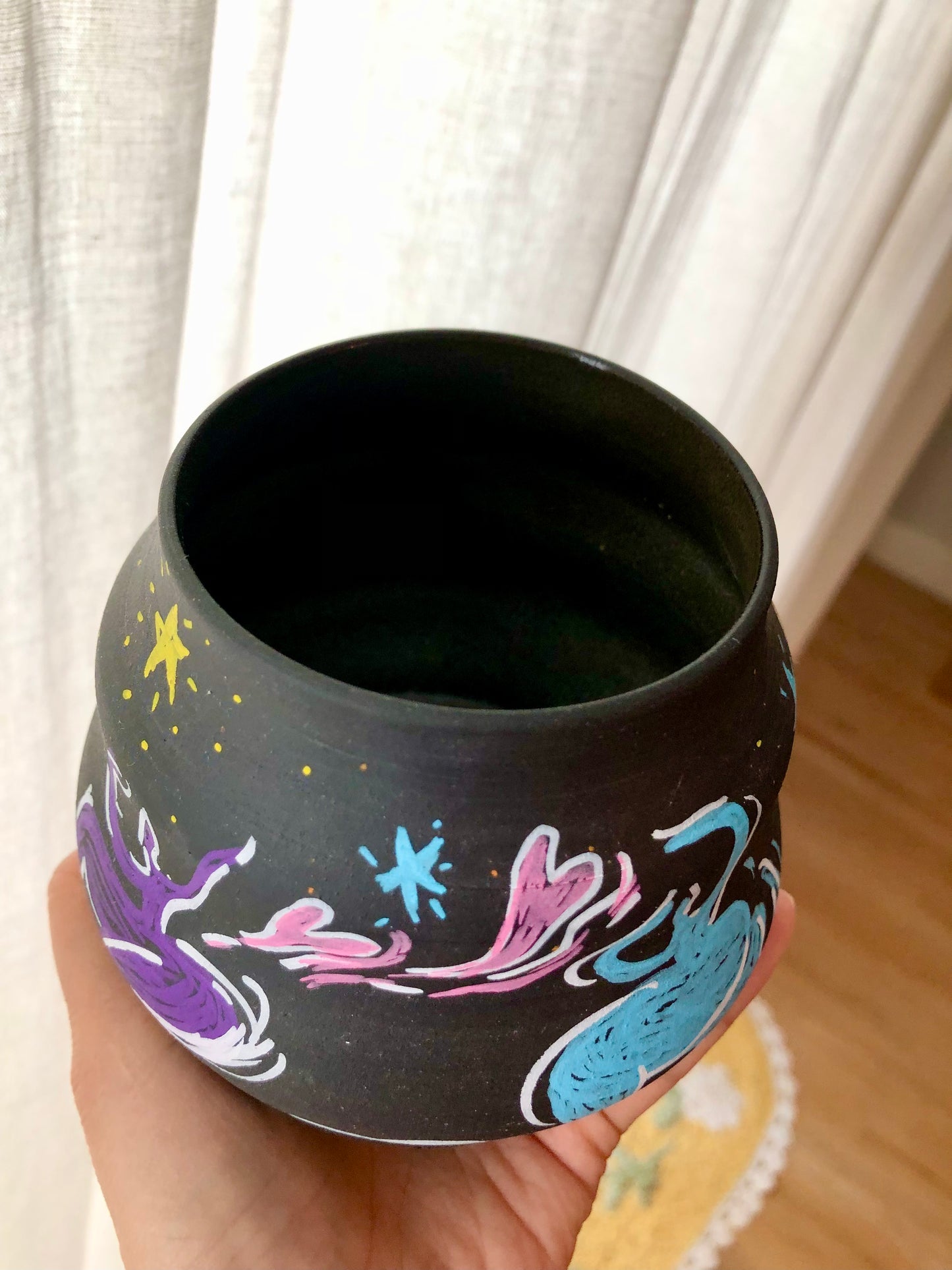 Handmade Black Vase – Moon Pottery | Dancing Figures, Hand-Drawn Art, Perfect Gift with Happy Vibes