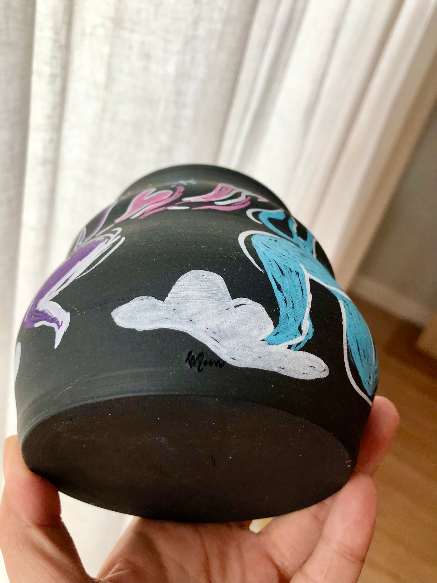 Handmade Black Vase – Moon Pottery | Dancing Figures, Hand-Drawn Art, Perfect Gift with Happy Vibes