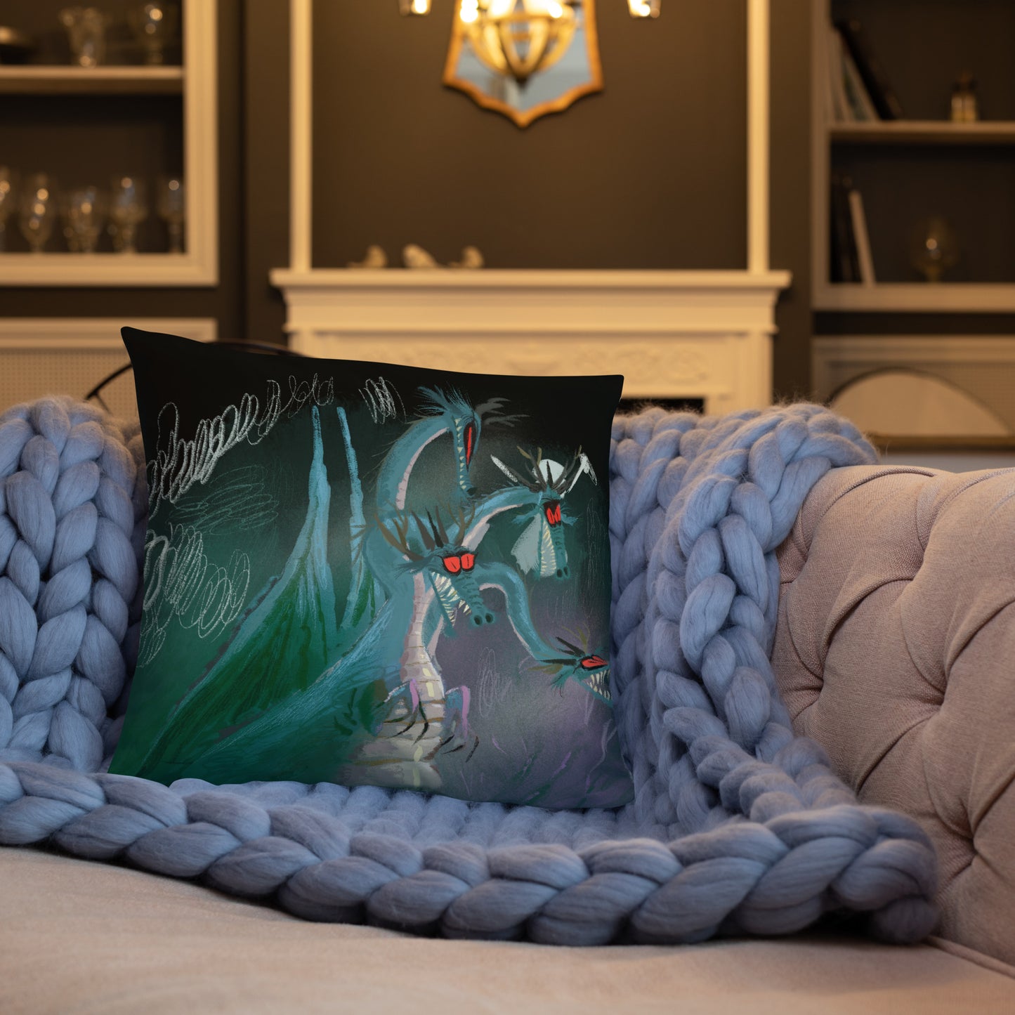 "Dragon Square Pillow - Hand-Drawn Illustration by Leo Matsuda | Fantasy Art Home Decor"