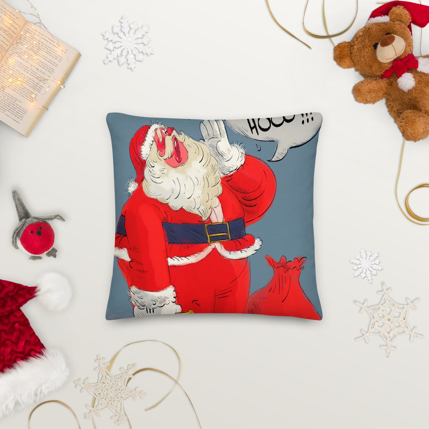 "Santa Christmas Premium Pillow - Hand-Drawn by Leo Matsuda | Festive Holiday Decor"