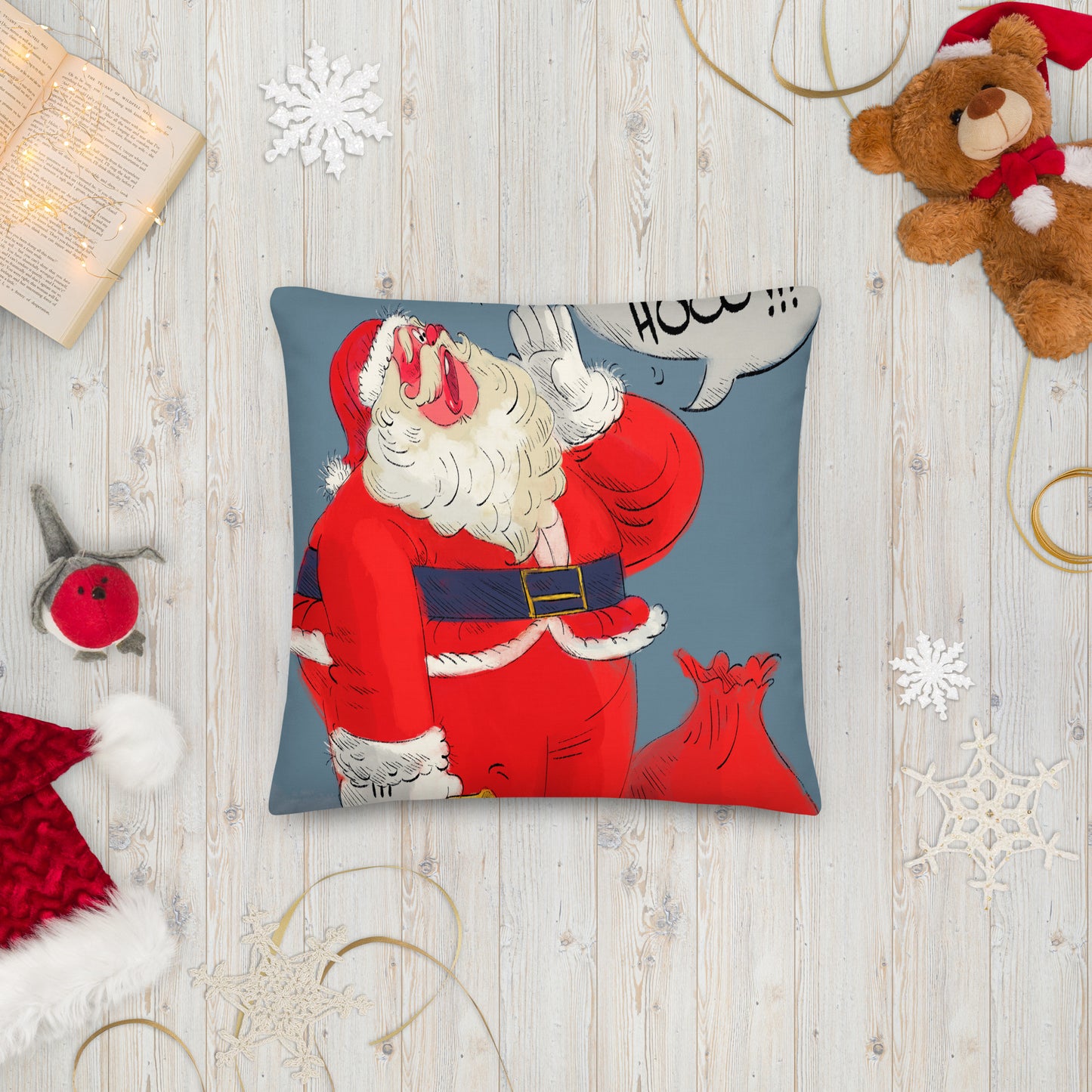 "Santa Christmas Premium Pillow - Hand-Drawn by Leo Matsuda | Festive Holiday Decor"