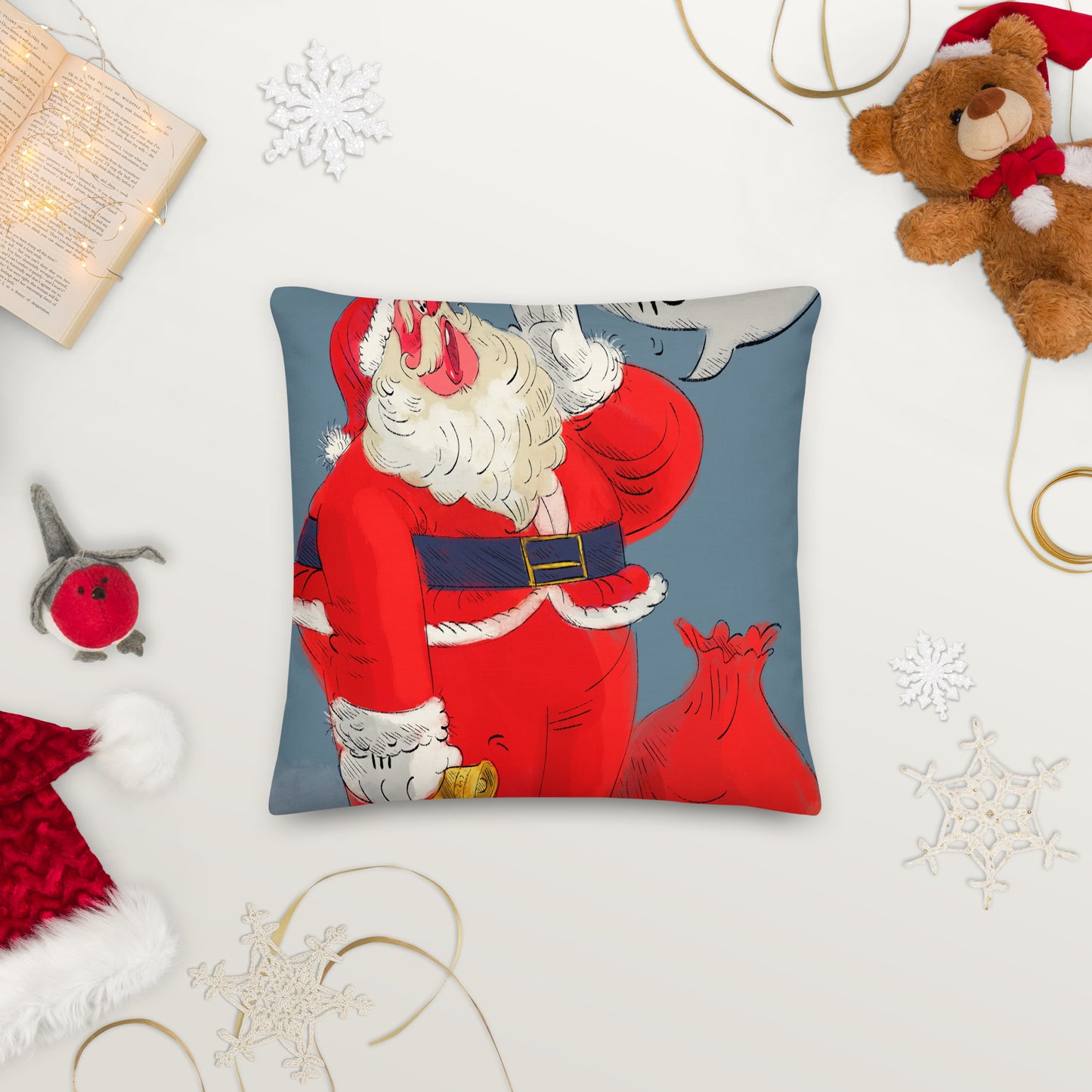 "Santa Christmas Premium Pillow - Hand-Drawn by Leo Matsuda | Festive Holiday Decor"