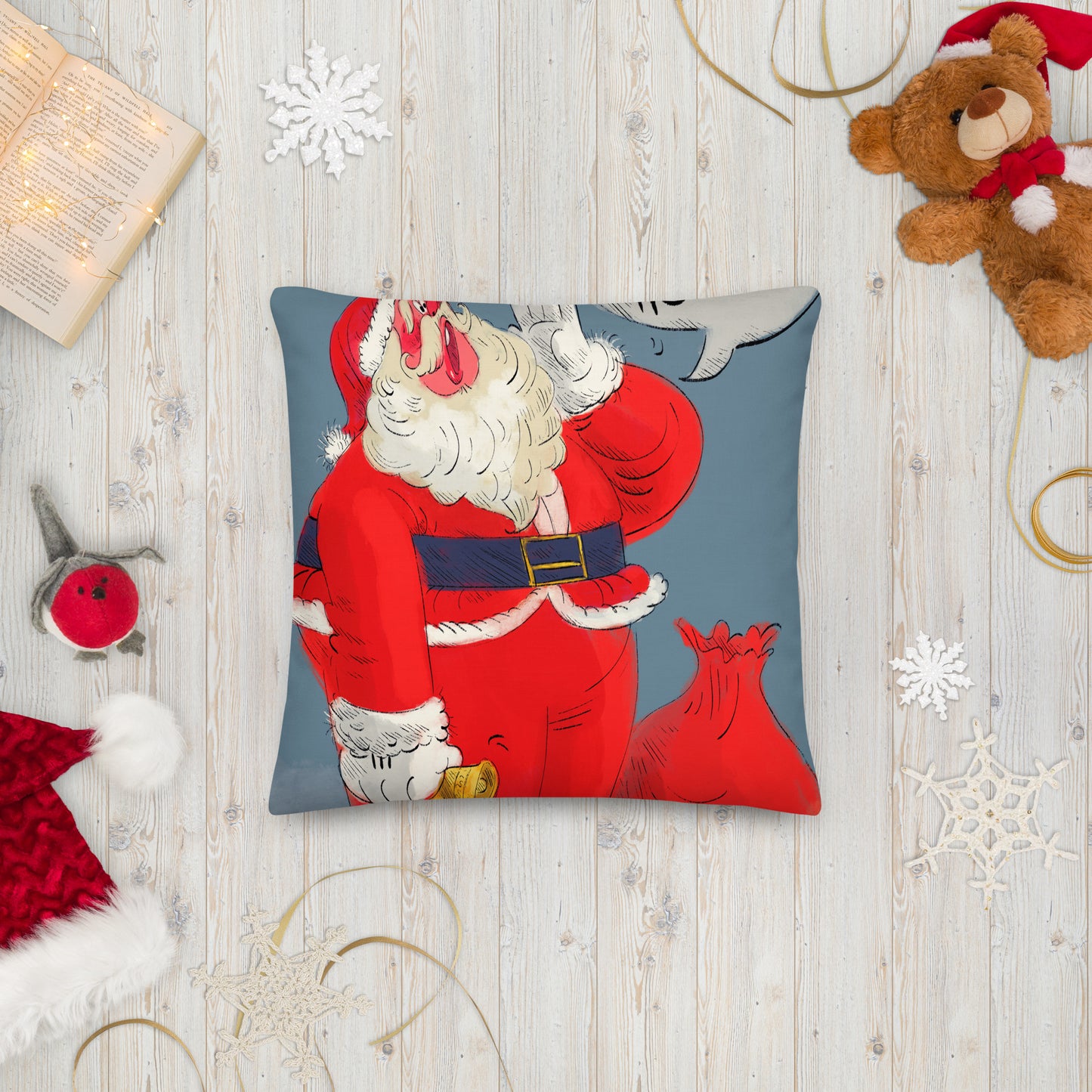 "Santa Christmas Premium Pillow - Hand-Drawn by Leo Matsuda | Festive Holiday Decor"