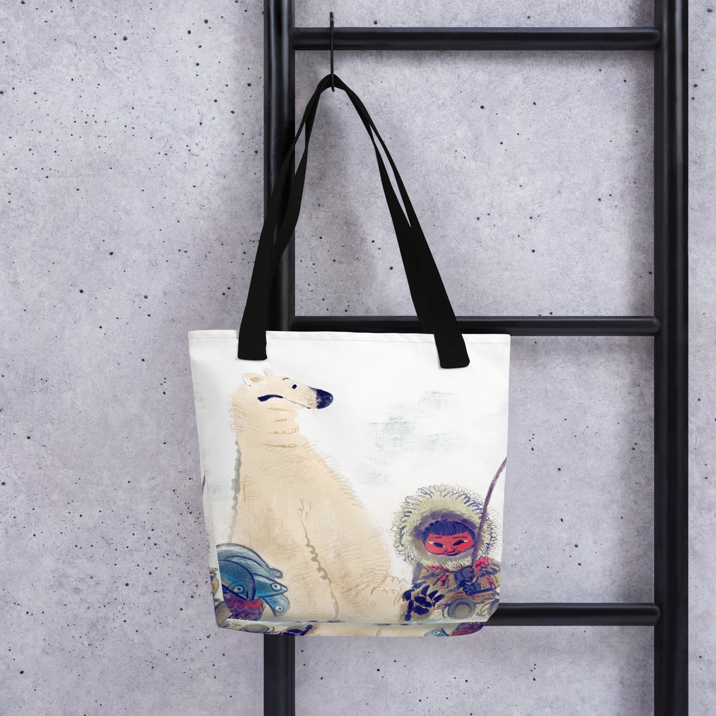 "Polar Bear and Eskimo Boy Fishing Tote Bag - Hand-Drawn by Leo Matsuda | Unique Art Tote"