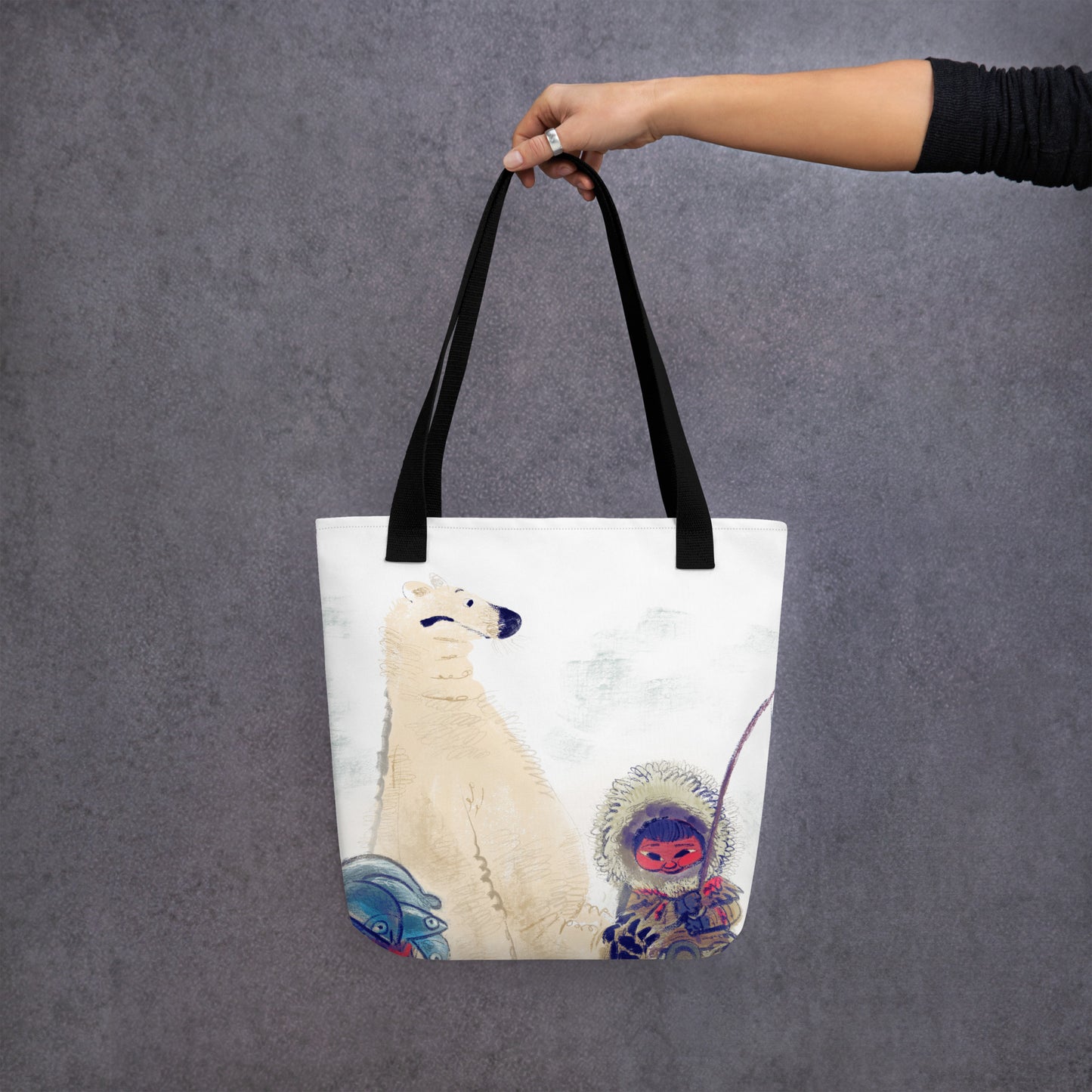 "Polar Bear and Eskimo Boy Fishing Tote Bag - Hand-Drawn by Leo Matsuda | Unique Art Tote"