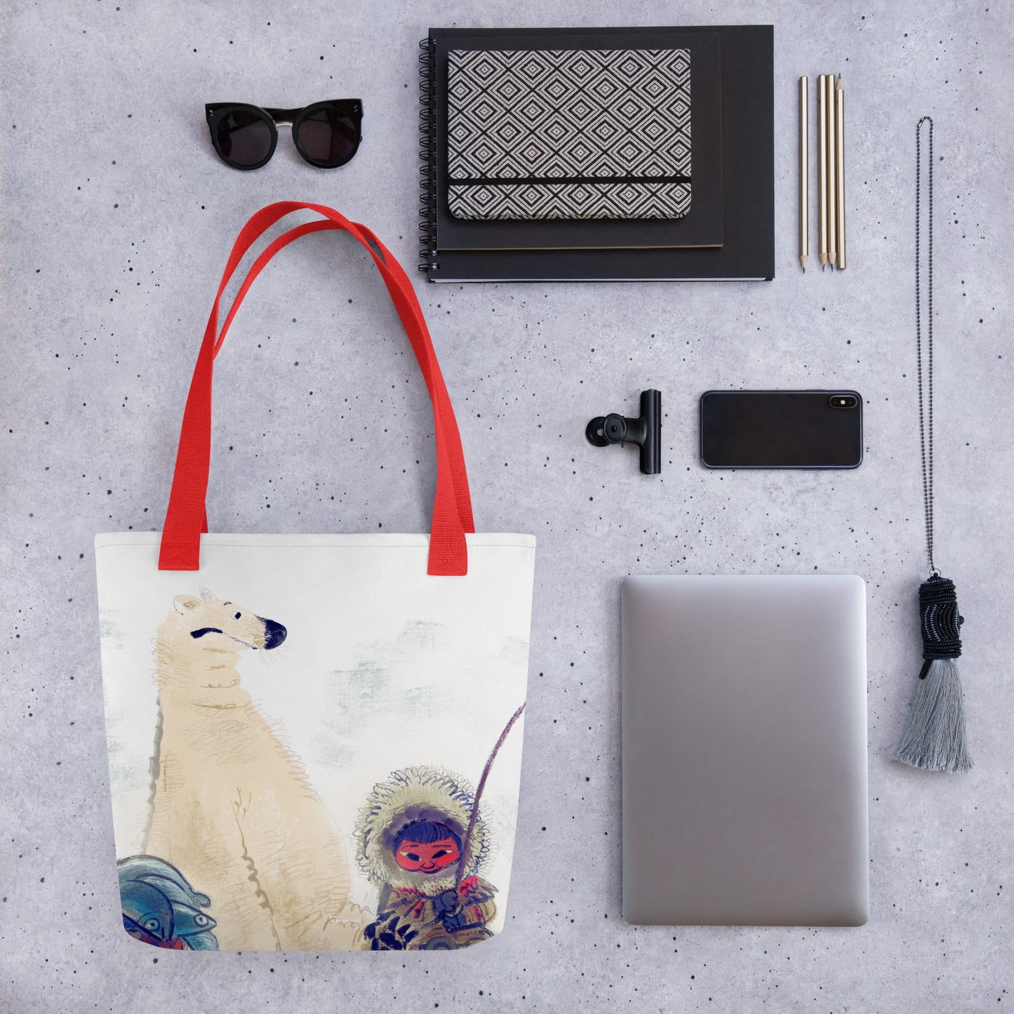 "Polar Bear and Eskimo Boy Fishing Tote Bag - Hand-Drawn by Leo Matsuda | Unique Art Tote"