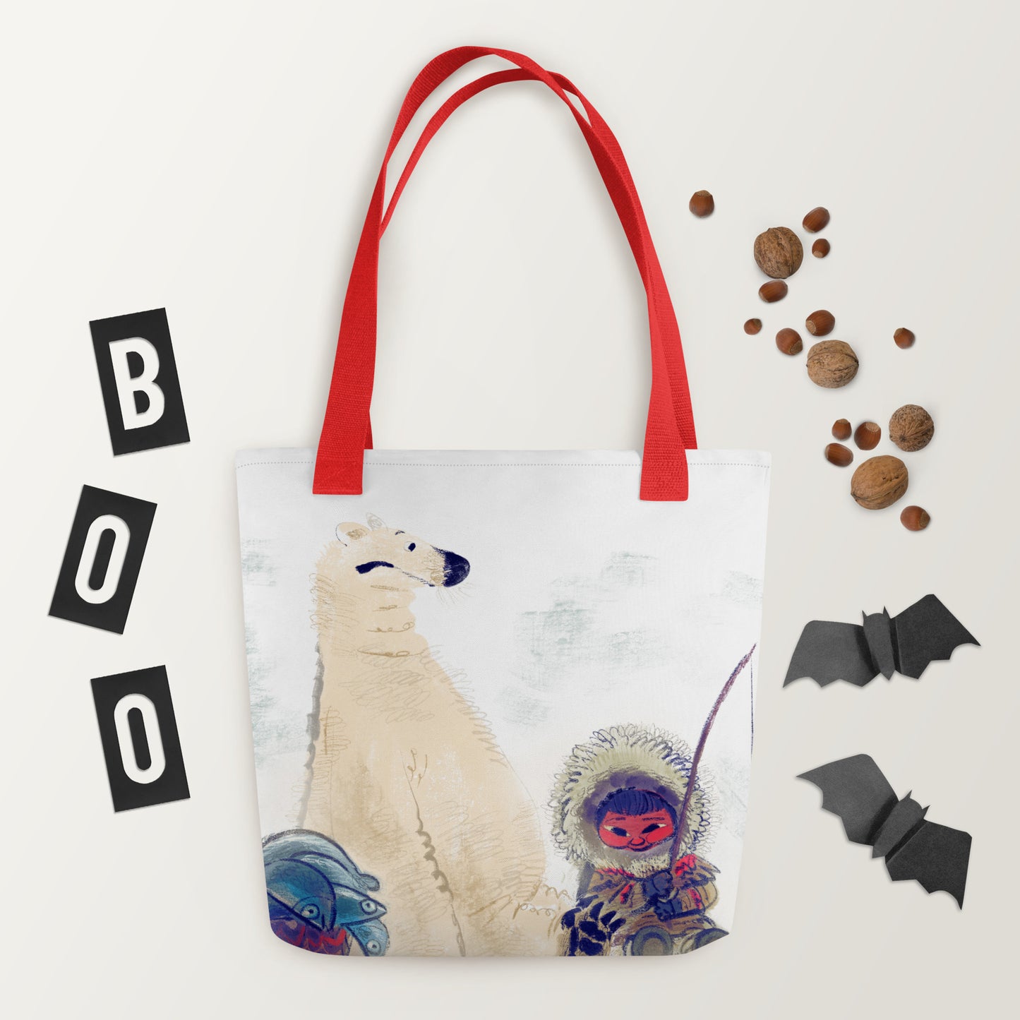 "Polar Bear and Eskimo Boy Fishing Tote Bag - Hand-Drawn by Leo Matsuda | Unique Art Tote"