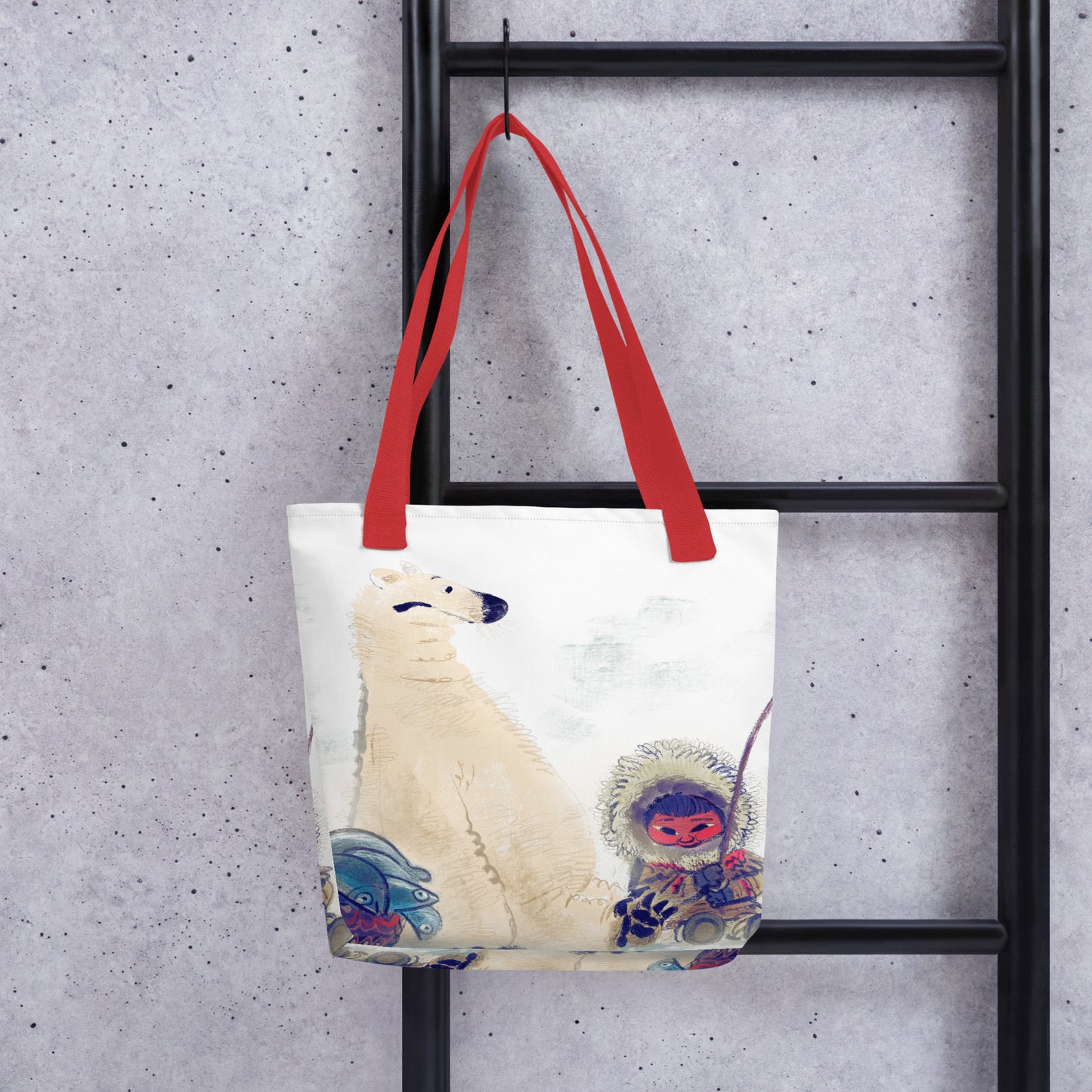 "Polar Bear and Eskimo Boy Fishing Tote Bag - Hand-Drawn by Leo Matsuda | Unique Art Tote"