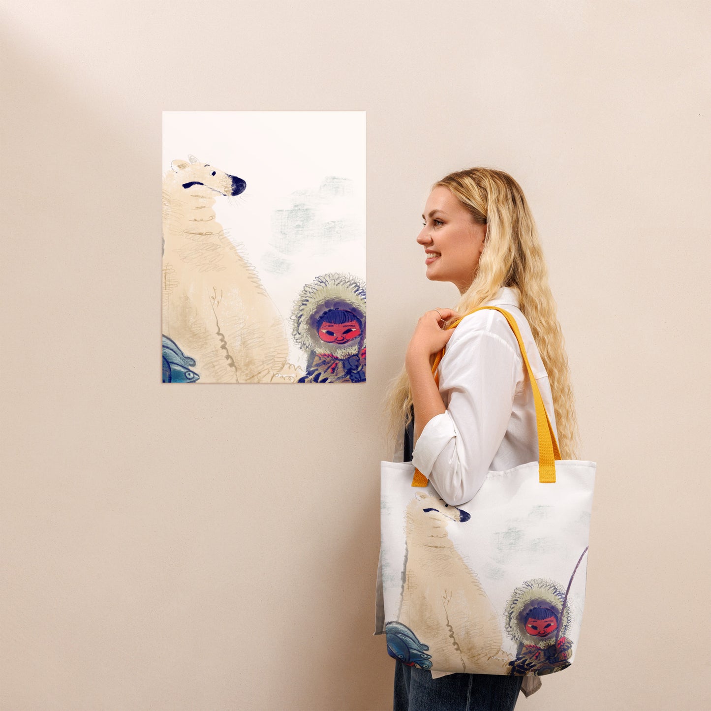 "Polar Bear and Eskimo Boy Fishing Tote Bag - Hand-Drawn by Leo Matsuda | Unique Art Tote"