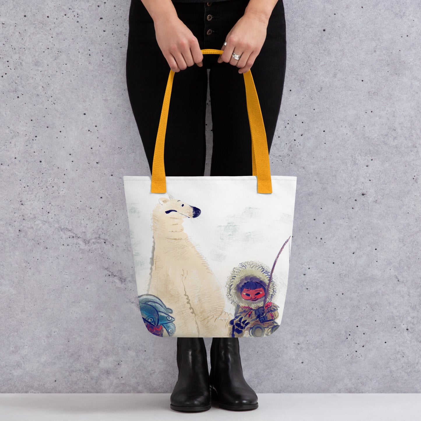 "Polar Bear and Eskimo Boy Fishing Tote Bag - Hand-Drawn by Leo Matsuda | Unique Art Tote"