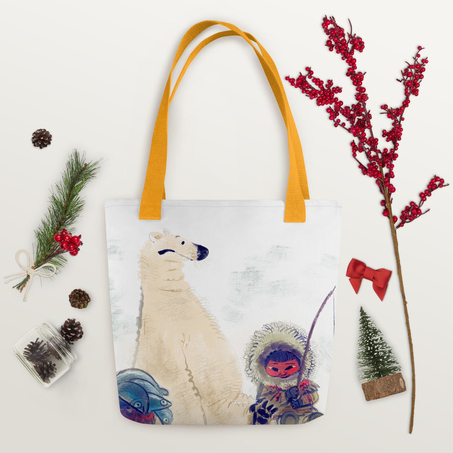 "Polar Bear and Eskimo Boy Fishing Tote Bag - Hand-Drawn by Leo Matsuda | Unique Art Tote"