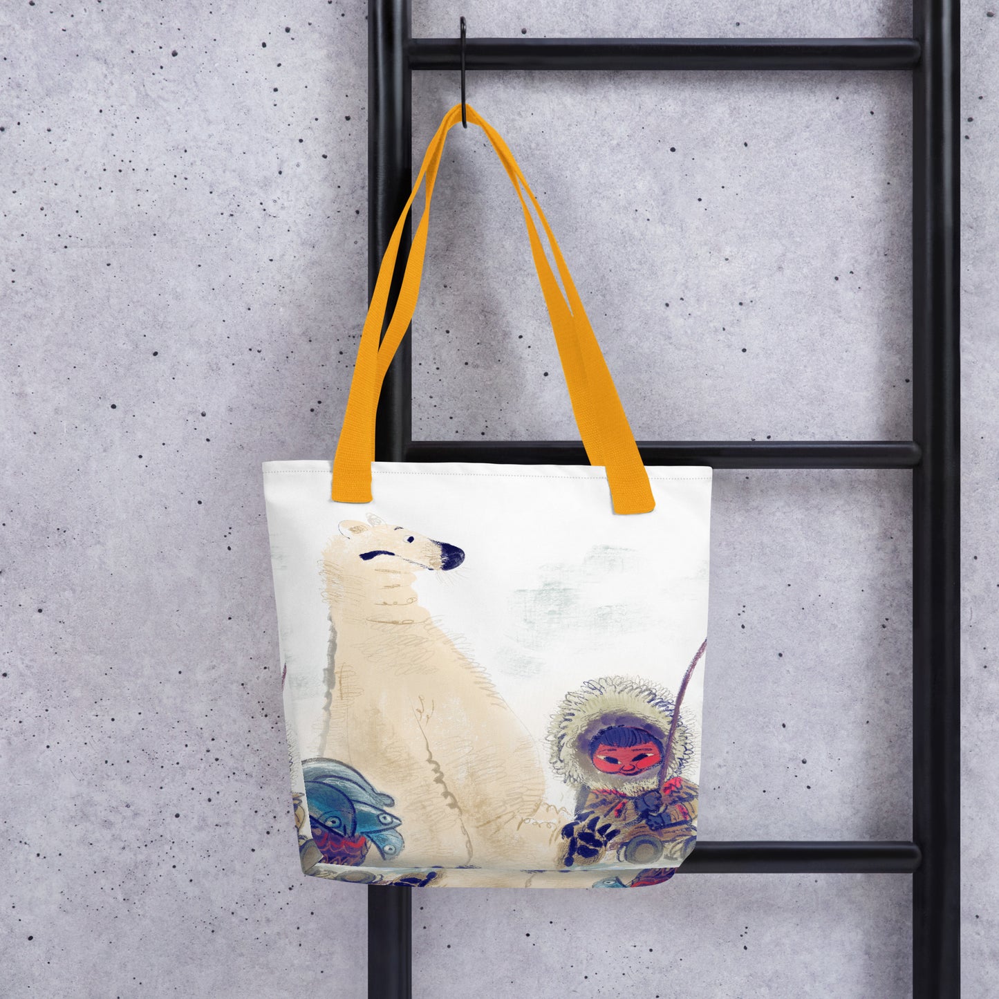 "Polar Bear and Eskimo Boy Fishing Tote Bag - Hand-Drawn by Leo Matsuda | Unique Art Tote"