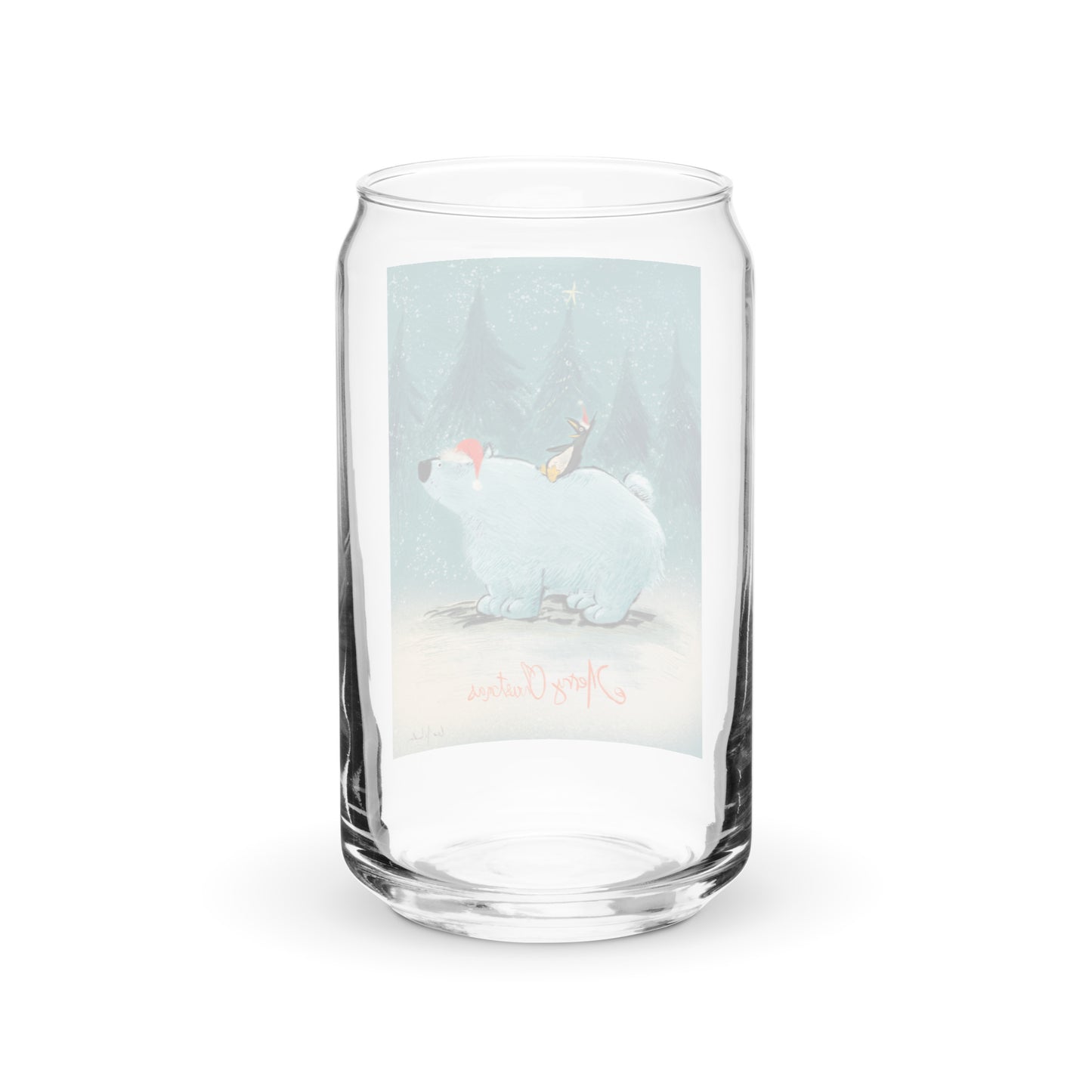 "Polar Bear and Penguin Can-Shaped Glass - Hand-Drawn by Leo Matsuda | Festive Christmas Drinkware"