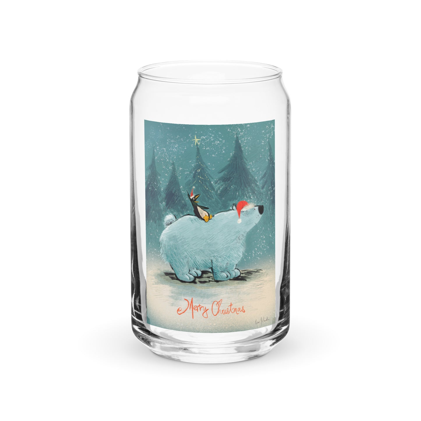 "Polar Bear and Penguin Can-Shaped Glass - Hand-Drawn by Leo Matsuda | Festive Christmas Drinkware"