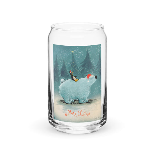 "Polar Bear and Penguin Can-Shaped Glass - Hand-Drawn by Leo Matsuda | Festive Christmas Drinkware"