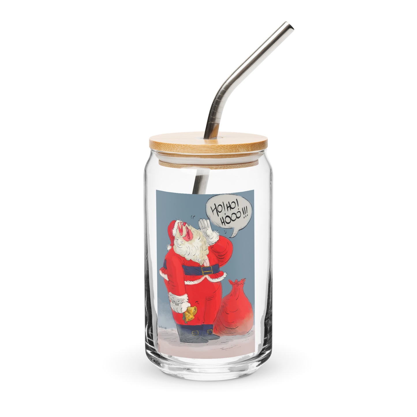 "Santa Christmas Can-Shaped Glass - Hand-Drawn by Leo Matsuda | Festive Holiday Drinkware"