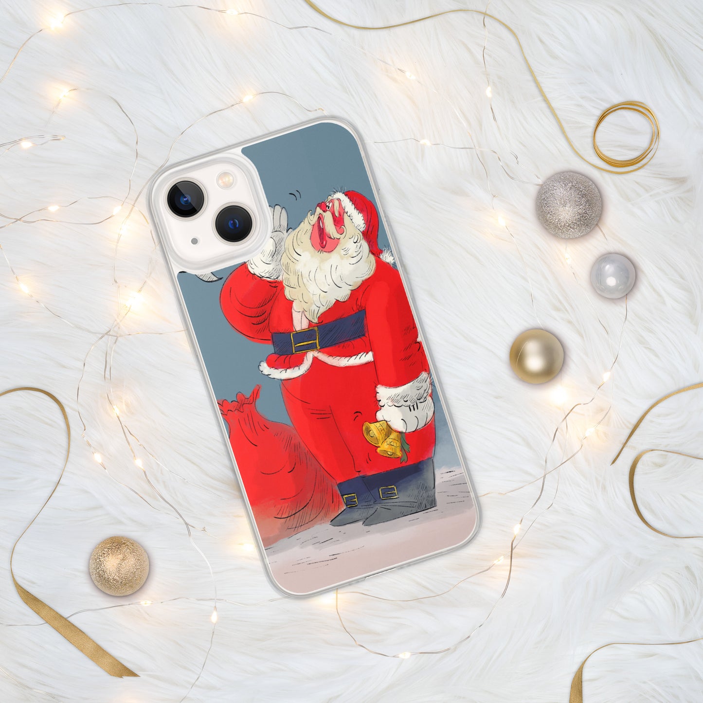 "Santa Christmas Clear iPhone® Case - Hand-Drawn by Leo Matsuda | Festive Holiday Phone Case"