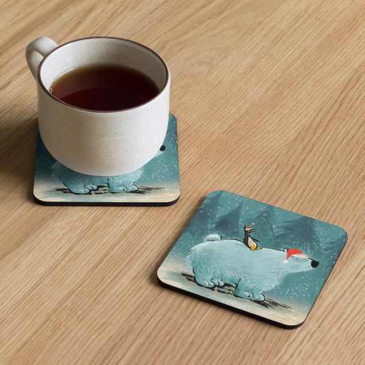 "Polar Bear and Penguin Cork-Back Coaster - Hand-Drawn by Leo Matsuda | Festive Christmas Table Decor"
