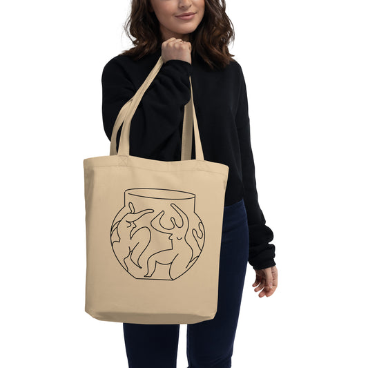 Moon Pottery Tote Bag, Handcrafted Dancing Figure Art, Unique Ceramic-Inspired Design