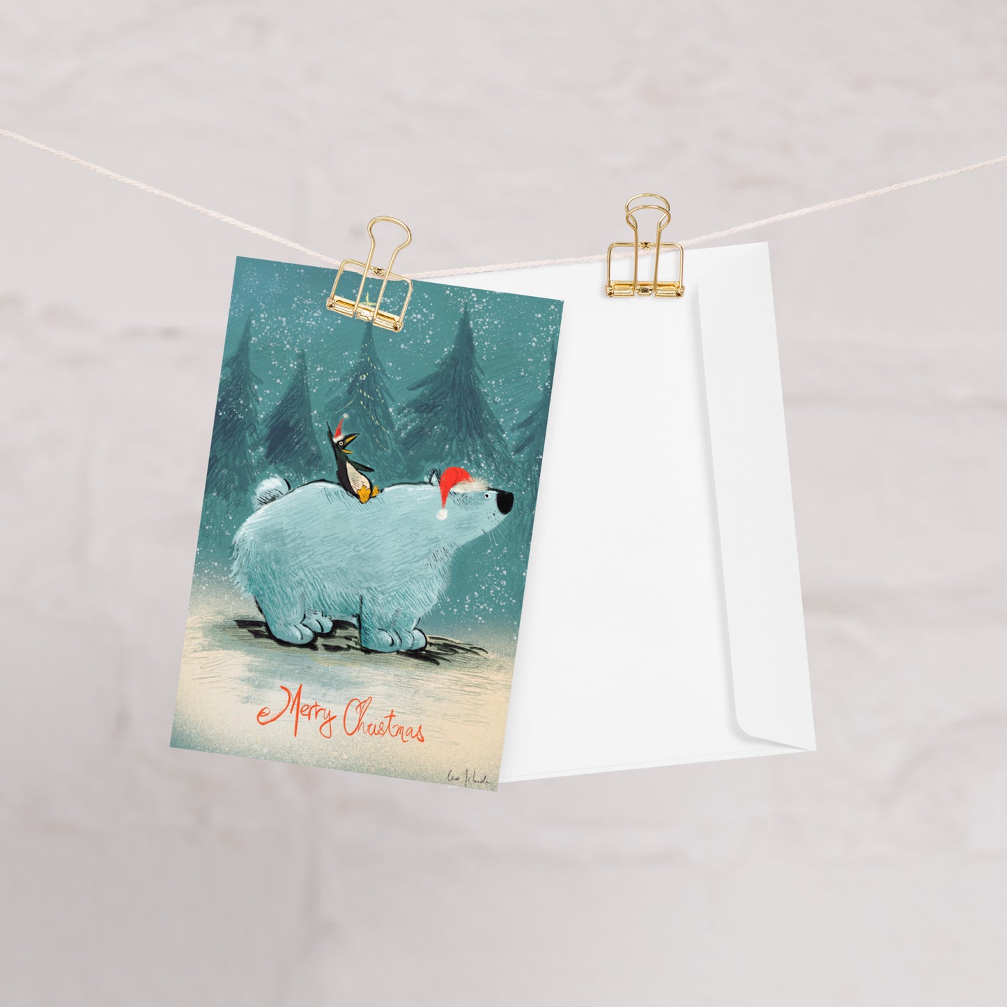 "Polar Bear and Penguin Christmas Card - Hand-Drawn by Leo Matsuda | Cute Holiday Greeting"