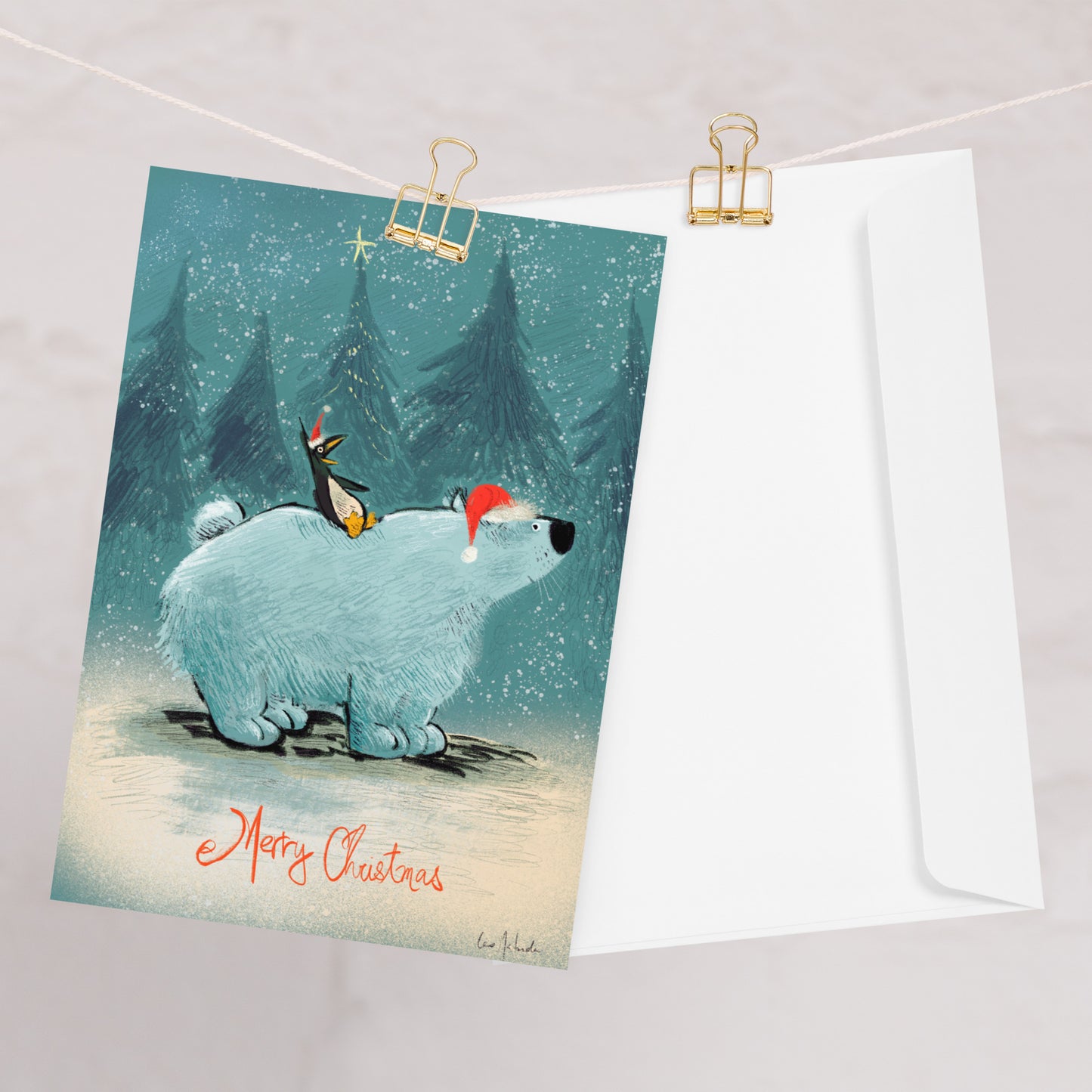 "Polar Bear and Penguin Christmas Card - Hand-Drawn by Leo Matsuda | Cute Holiday Greeting"