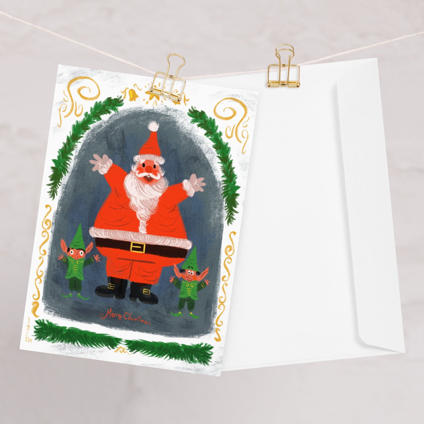 "Santa and Elf Christmas Card - Hand-Drawn by Leo Matsuda | Unique Holiday Greeting"