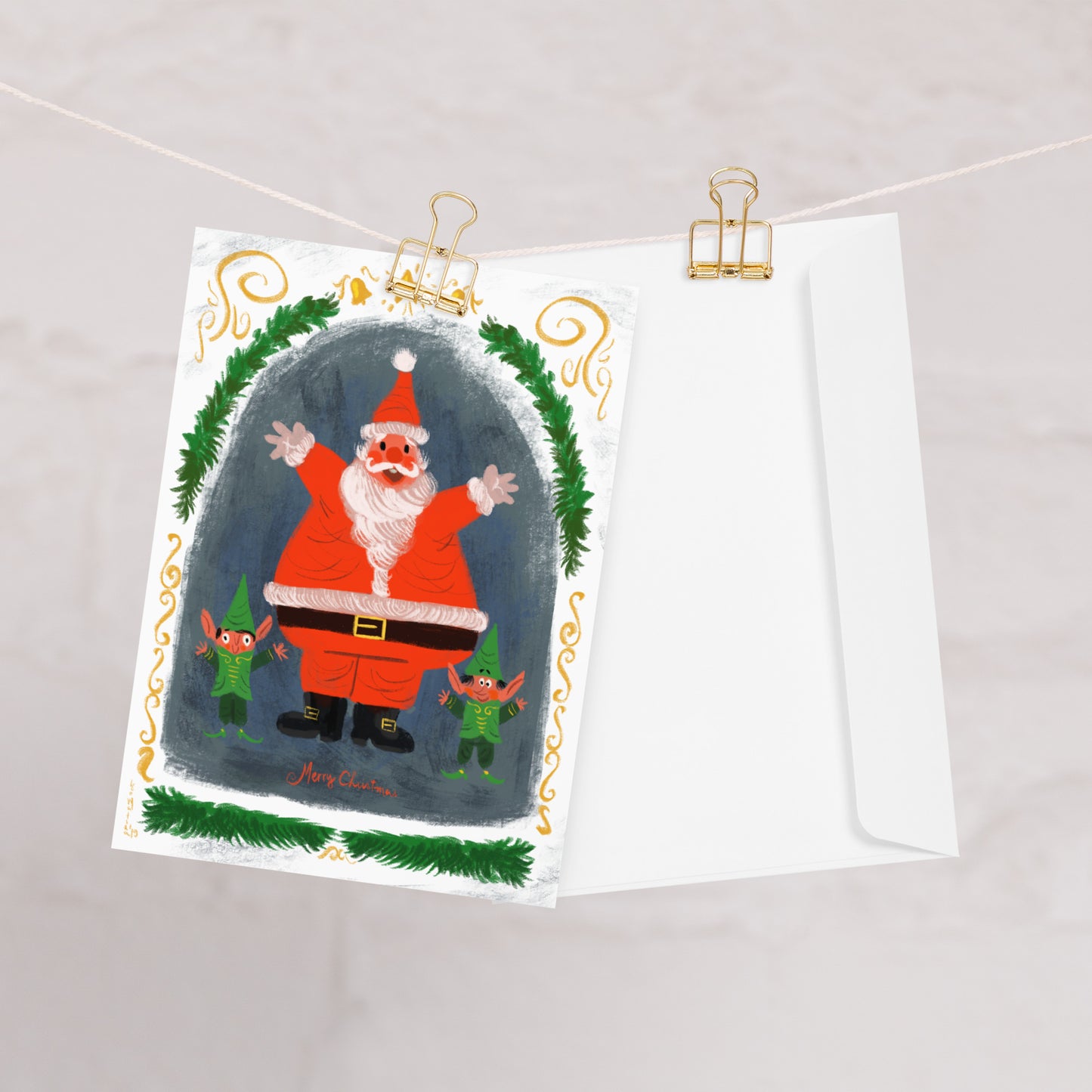 "Santa and Elf Christmas Card - Hand-Drawn by Leo Matsuda | Unique Holiday Greeting"