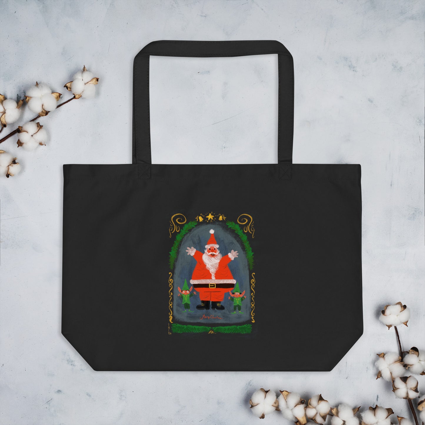 "Santa and Elves Organic Tote Bag - Hand-Drawn by Leo Matsuda | Eco-Friendly Christmas Bag"