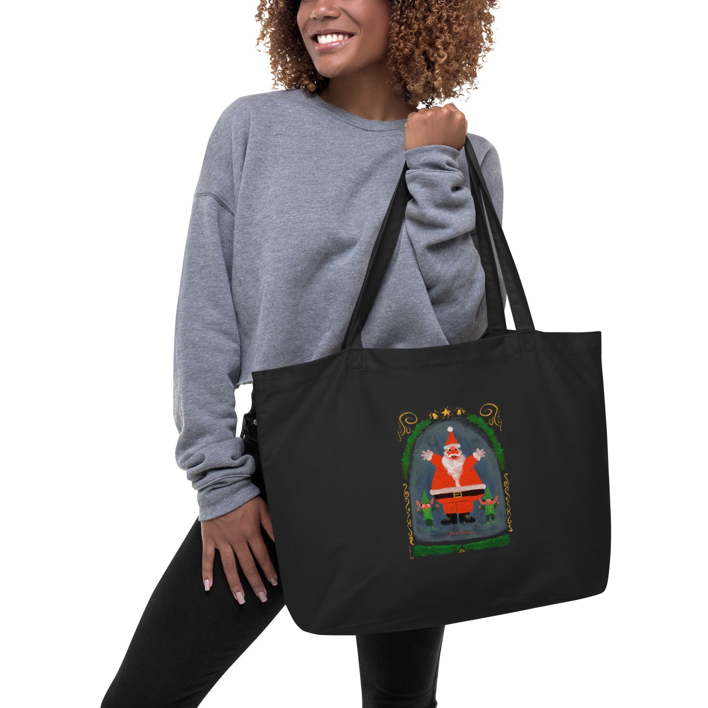 "Santa and Elves Organic Tote Bag - Hand-Drawn by Leo Matsuda | Eco-Friendly Christmas Bag"