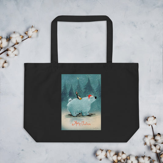 "Santa and Elves Large Organic Tote Bag - Hand-Drawn by Leo Matsuda | Eco-Friendly Christmas Bag"