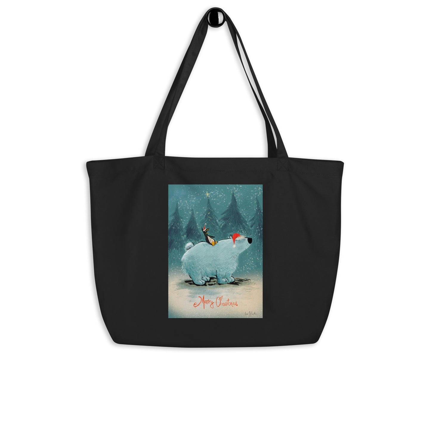 "Santa and Elves Large Organic Tote Bag - Hand-Drawn by Leo Matsuda | Eco-Friendly Christmas Bag"