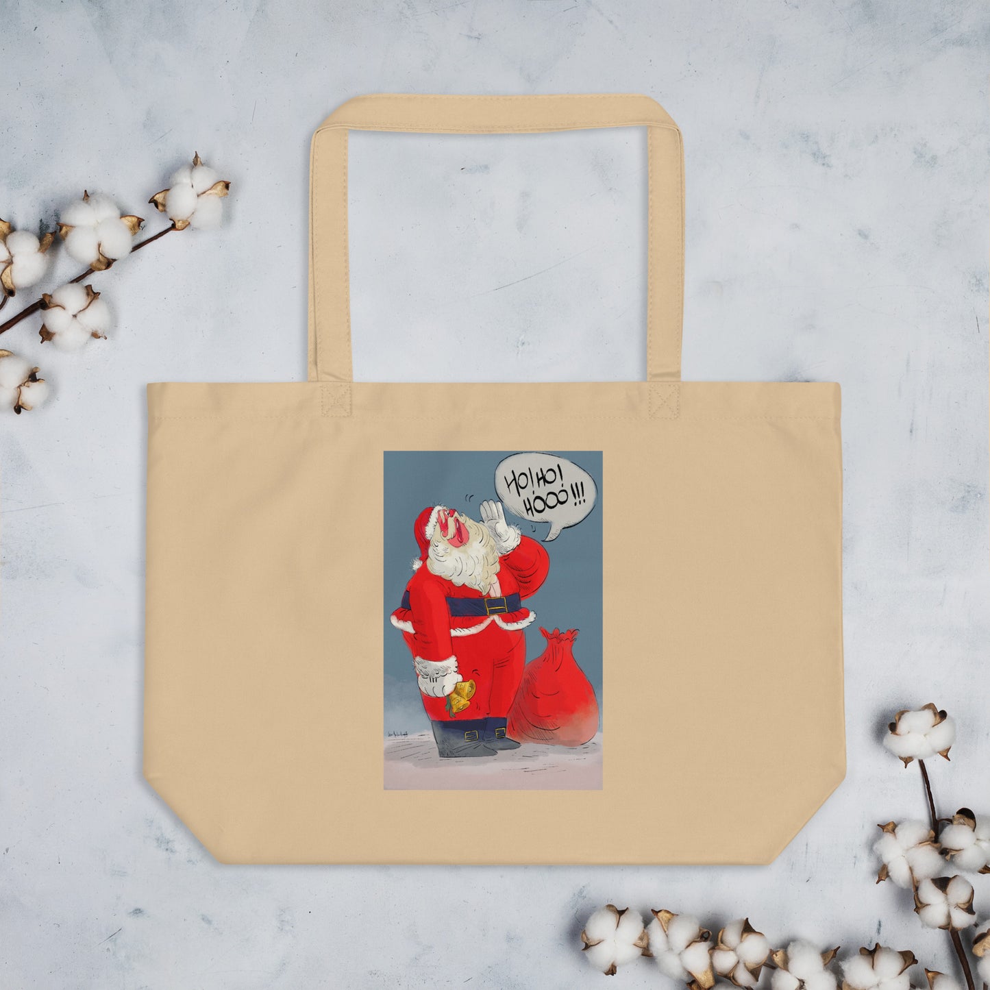 "Santa Christmas Organic Tote Bag - Hand-Drawn by Leo Matsuda | Eco-Friendly Holiday Bag"