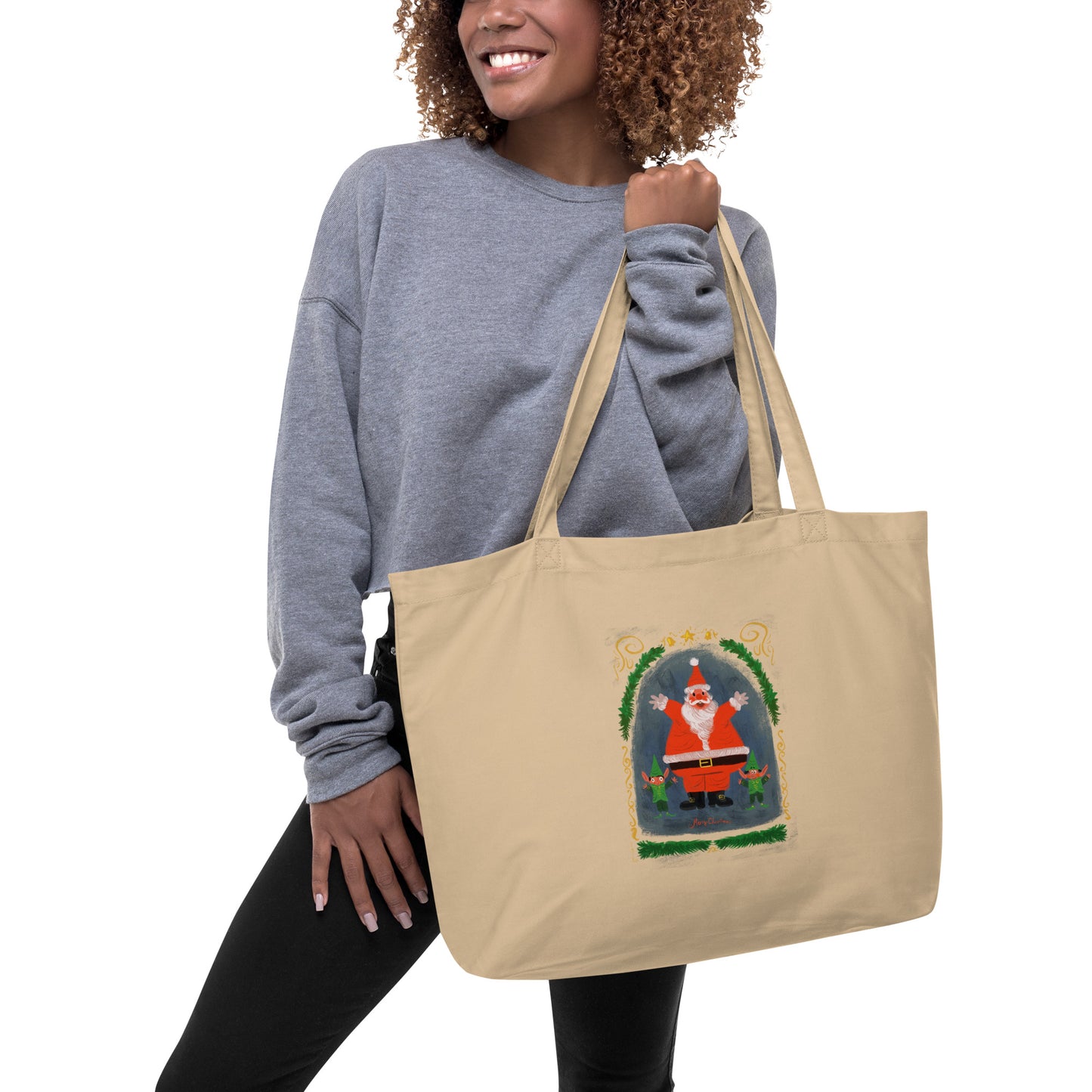 "Santa and Elves Organic Tote Bag - Hand-Drawn by Leo Matsuda | Eco-Friendly Christmas Bag"