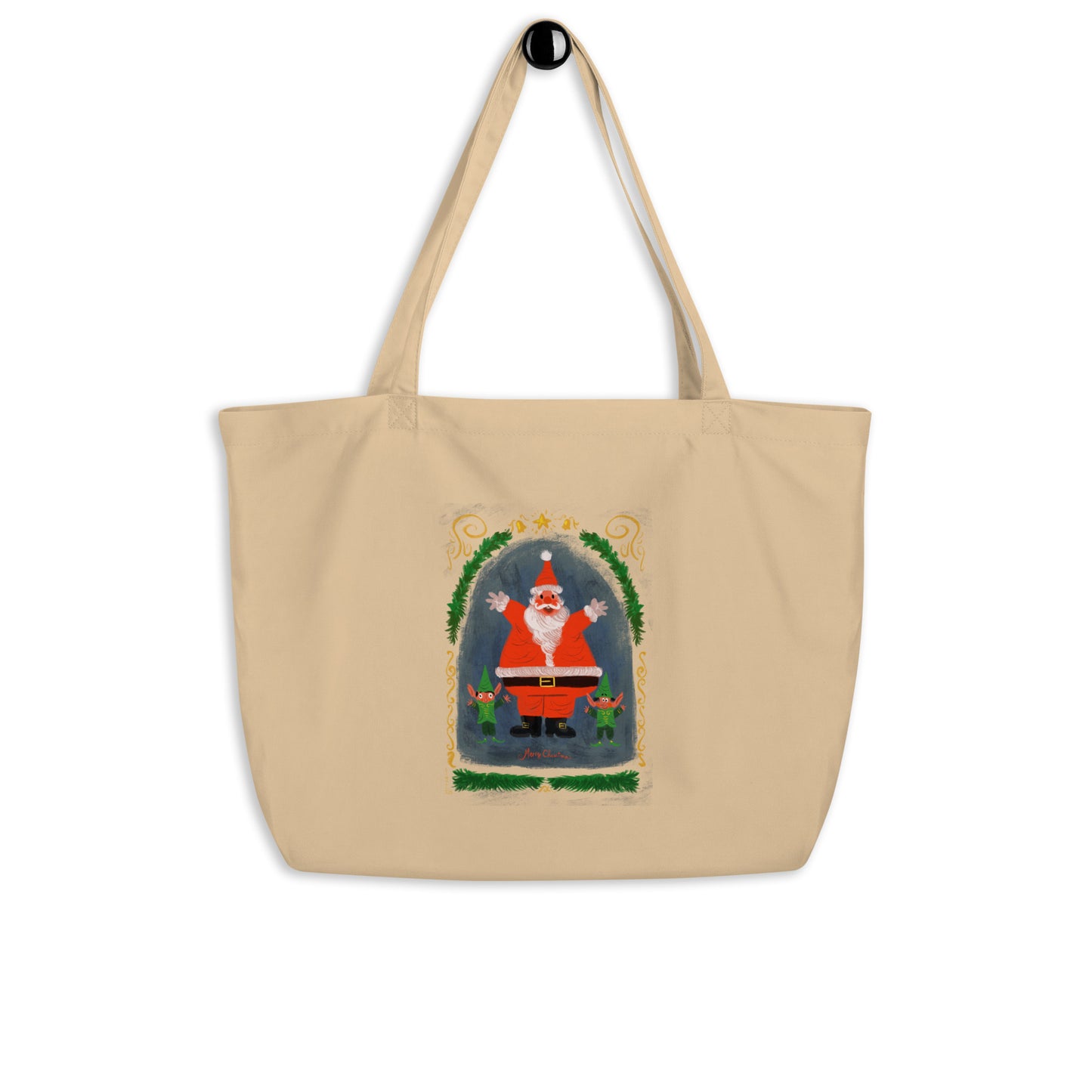 "Santa and Elves Organic Tote Bag - Hand-Drawn by Leo Matsuda | Eco-Friendly Christmas Bag"