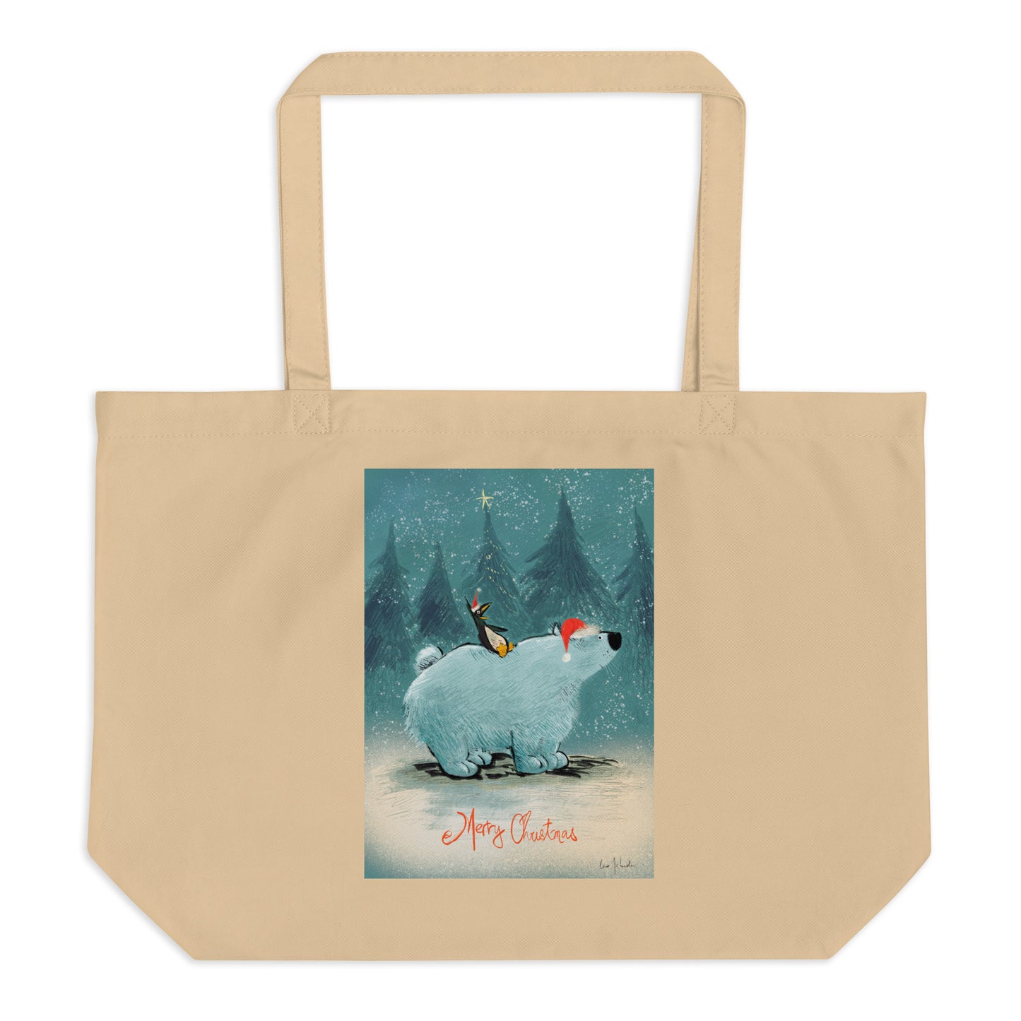 "Santa and Elves Large Organic Tote Bag - Hand-Drawn by Leo Matsuda | Eco-Friendly Christmas Bag"