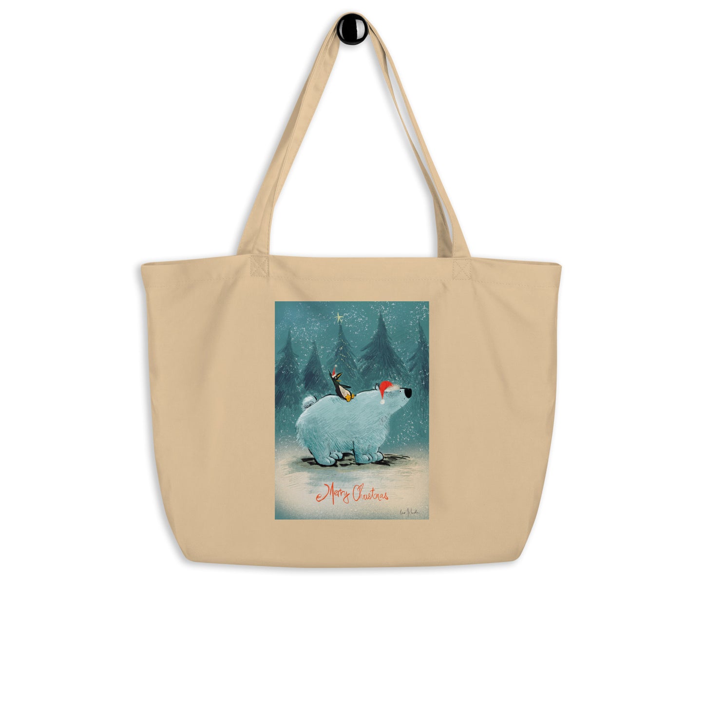 "Santa and Elves Large Organic Tote Bag - Hand-Drawn by Leo Matsuda | Eco-Friendly Christmas Bag"