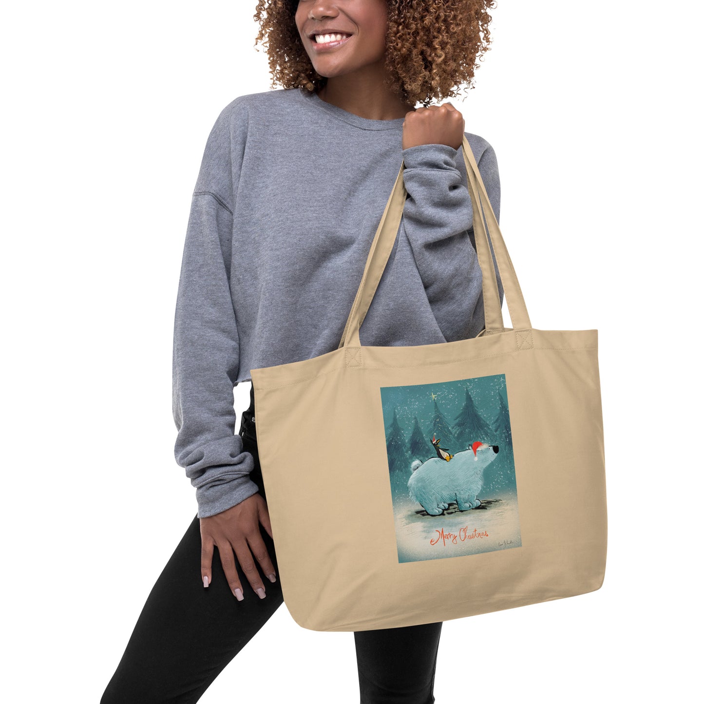 "Santa and Elves Large Organic Tote Bag - Hand-Drawn by Leo Matsuda | Eco-Friendly Christmas Bag"