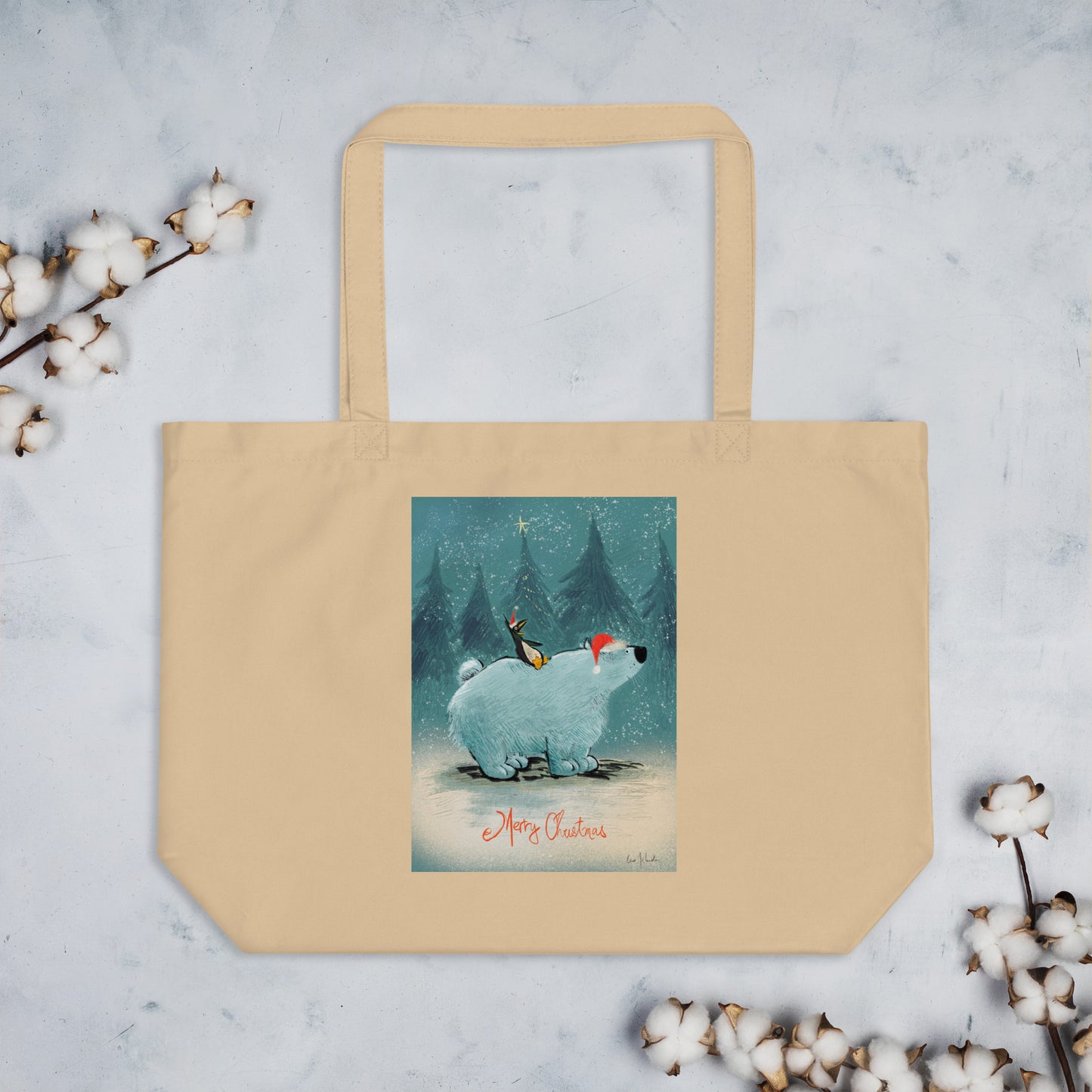 "Santa and Elves Large Organic Tote Bag - Hand-Drawn by Leo Matsuda | Eco-Friendly Christmas Bag"