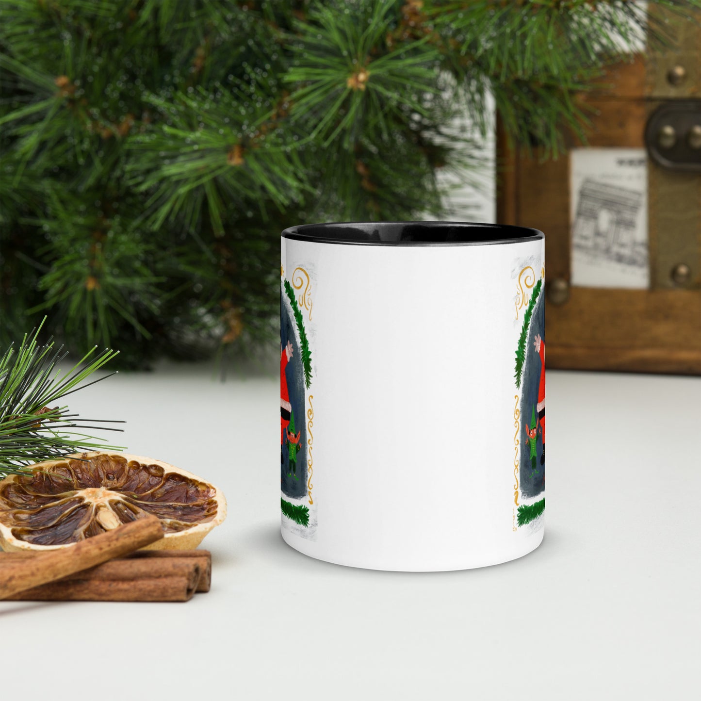 "Santa and Elves Mug with Color Inside - Hand-Drawn by Leo Matsuda | Festive Christmas Mug"