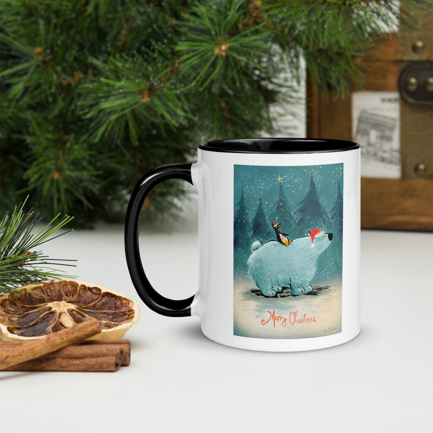 "Polar Bear and Penguin Mug with Color Inside - Hand-Drawn by Leo Matsuda | Festive Christmas Mug"