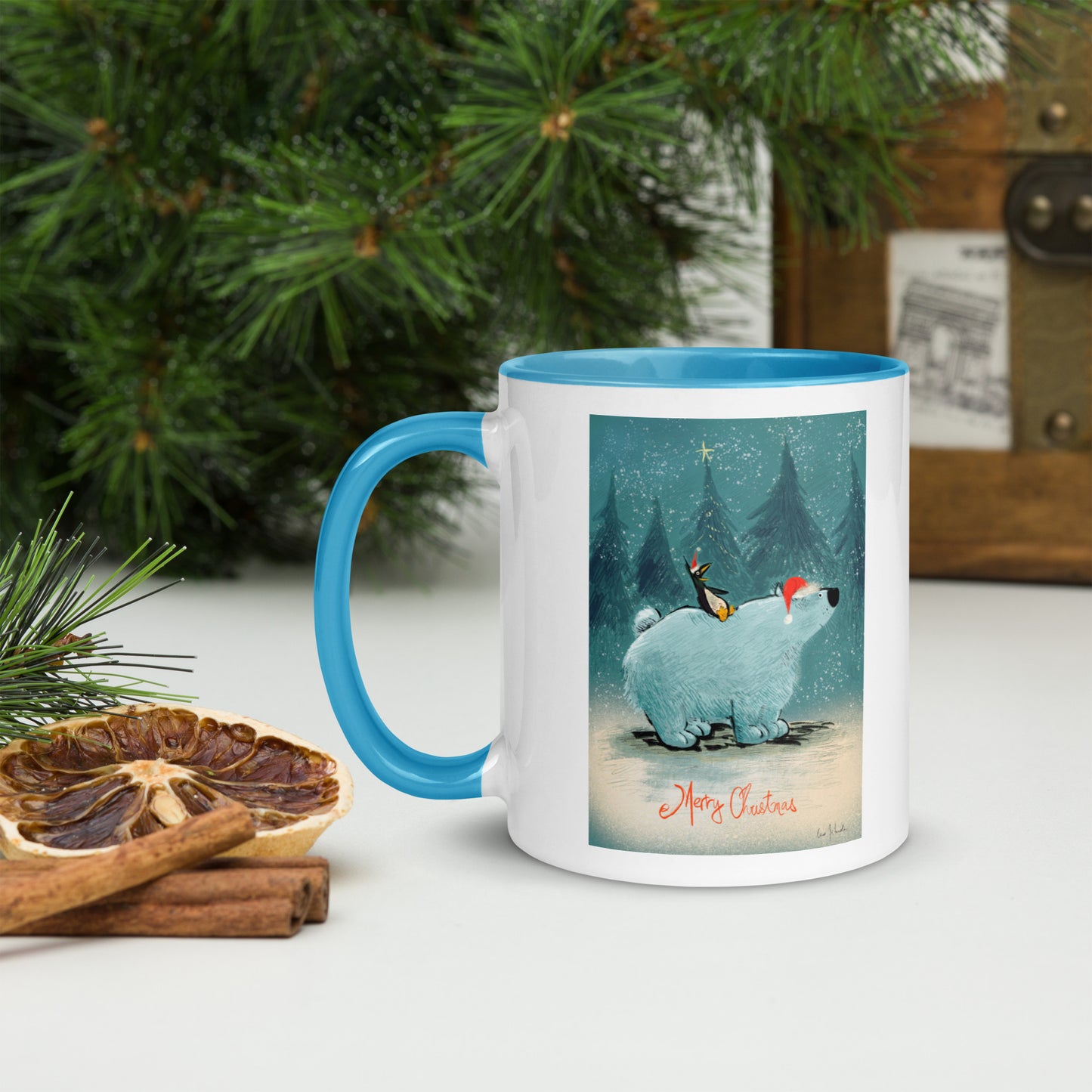 "Polar Bear and Penguin Mug with Color Inside - Hand-Drawn by Leo Matsuda | Festive Christmas Mug"