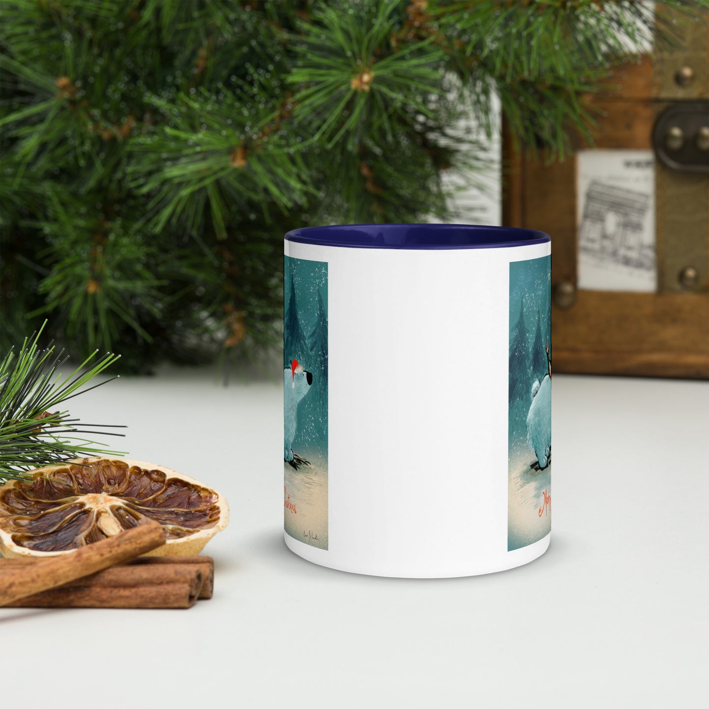 "Polar Bear and Penguin Mug with Color Inside - Hand-Drawn by Leo Matsuda | Festive Christmas Mug"