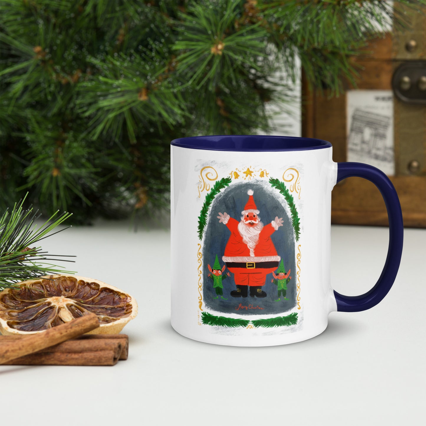 "Santa and Elves Mug with Color Inside - Hand-Drawn by Leo Matsuda | Festive Christmas Mug"