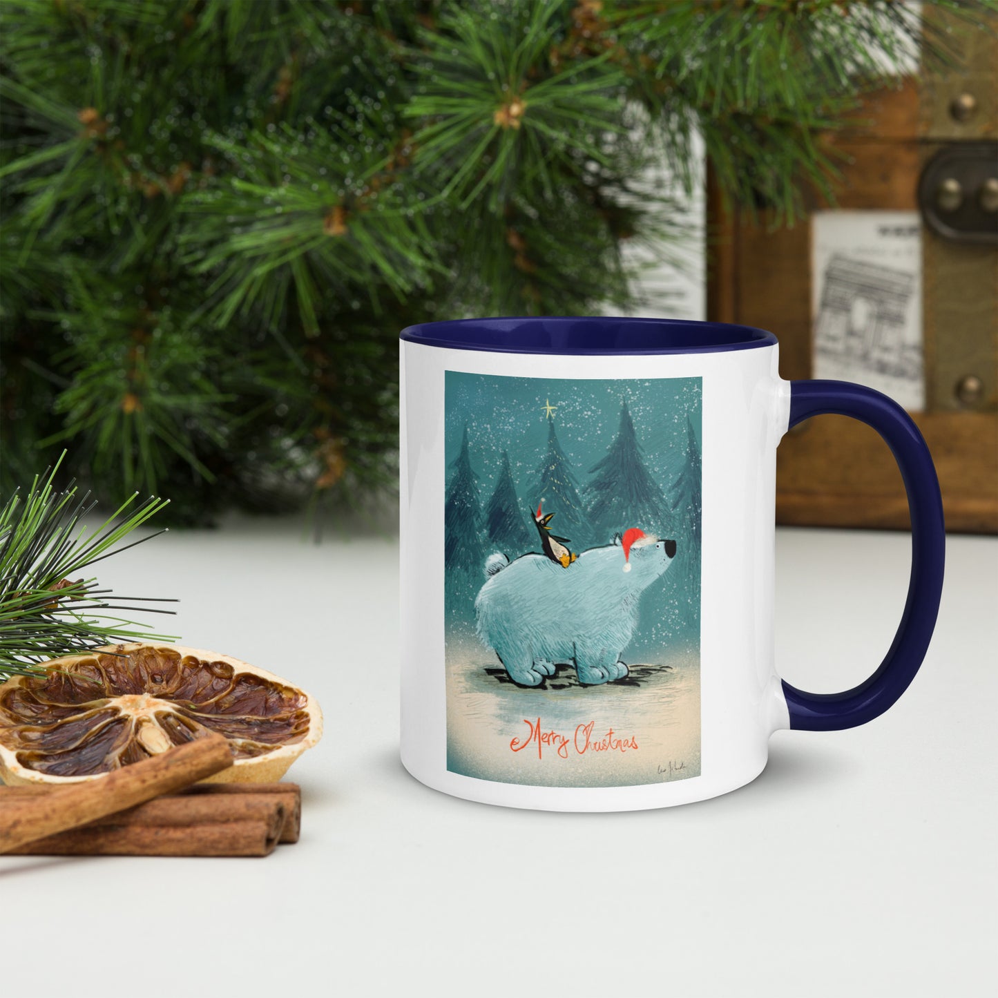 "Polar Bear and Penguin Mug with Color Inside - Hand-Drawn by Leo Matsuda | Festive Christmas Mug"