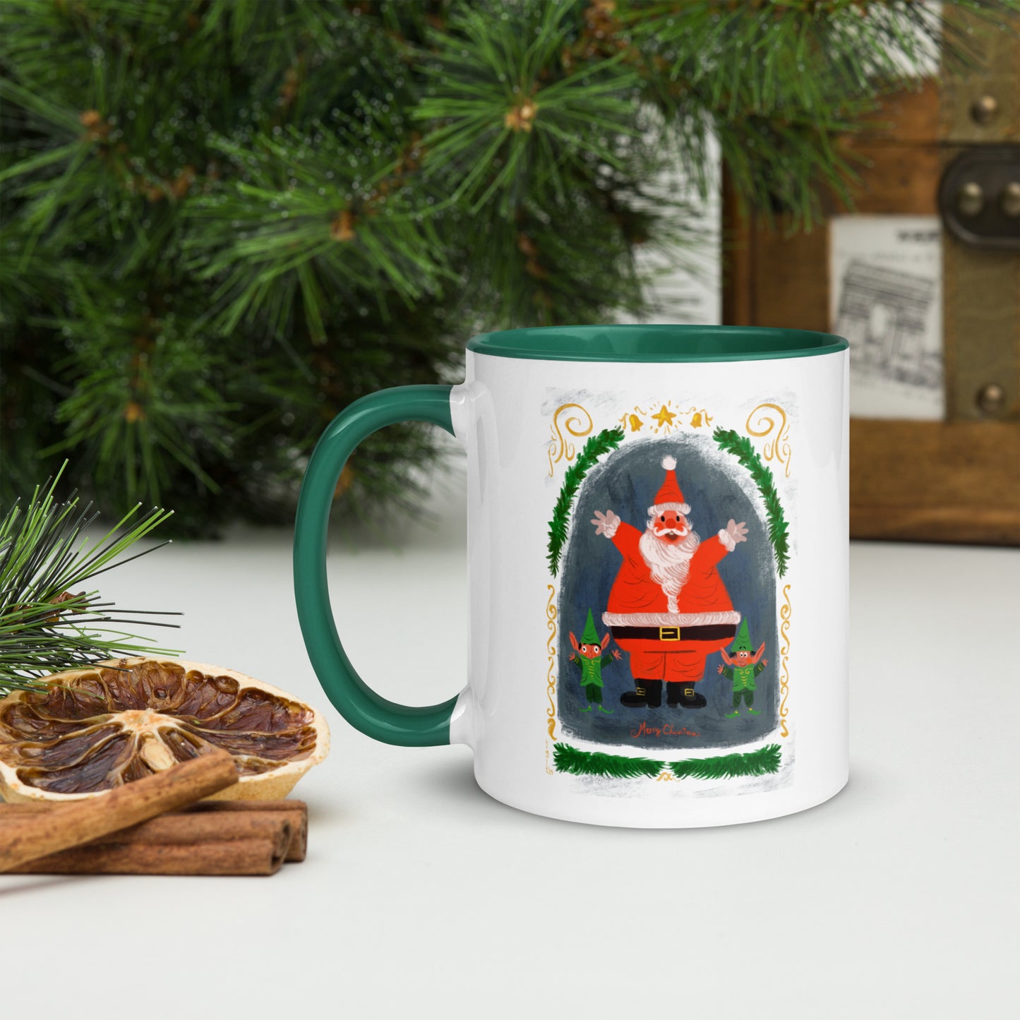 "Santa and Elves Mug with Color Inside - Hand-Drawn by Leo Matsuda | Festive Christmas Mug"