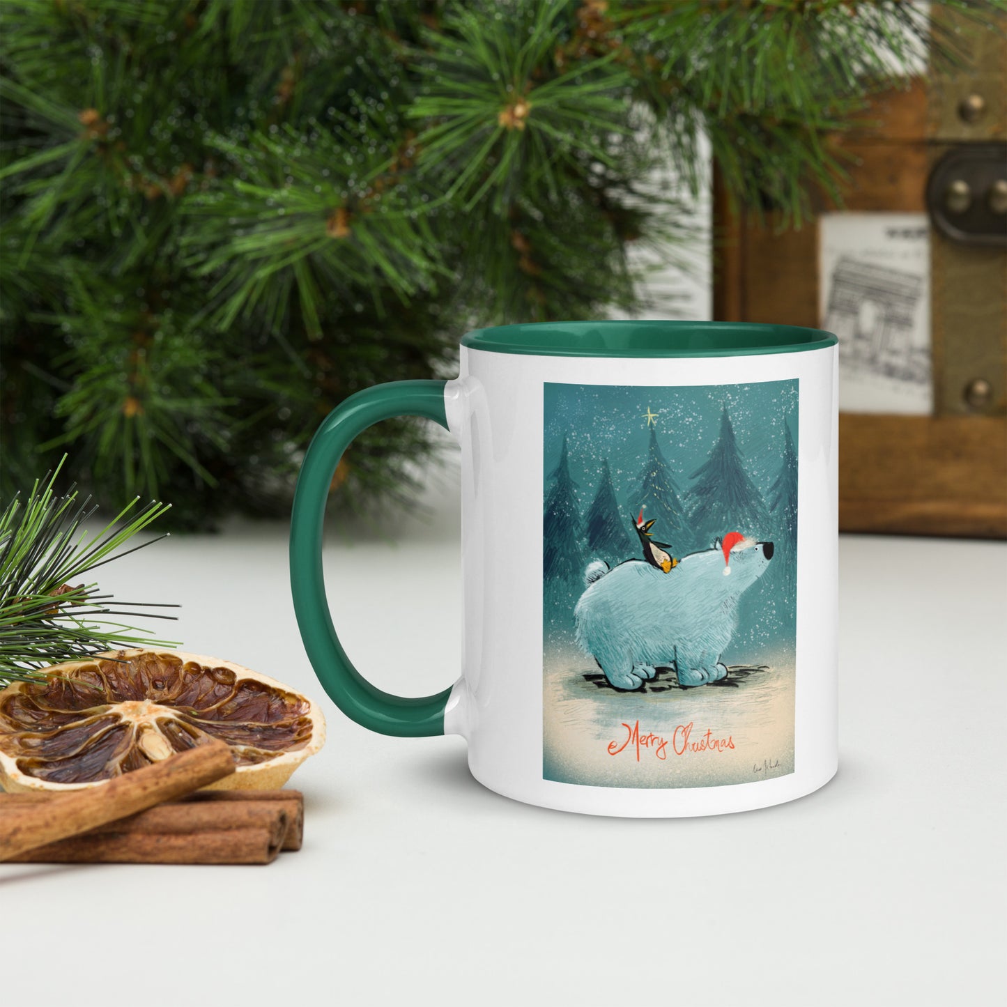 "Polar Bear and Penguin Mug with Color Inside - Hand-Drawn by Leo Matsuda | Festive Christmas Mug"