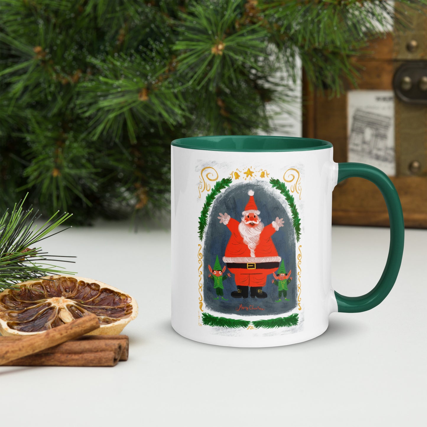 "Santa and Elves Mug with Color Inside - Hand-Drawn by Leo Matsuda | Festive Christmas Mug"