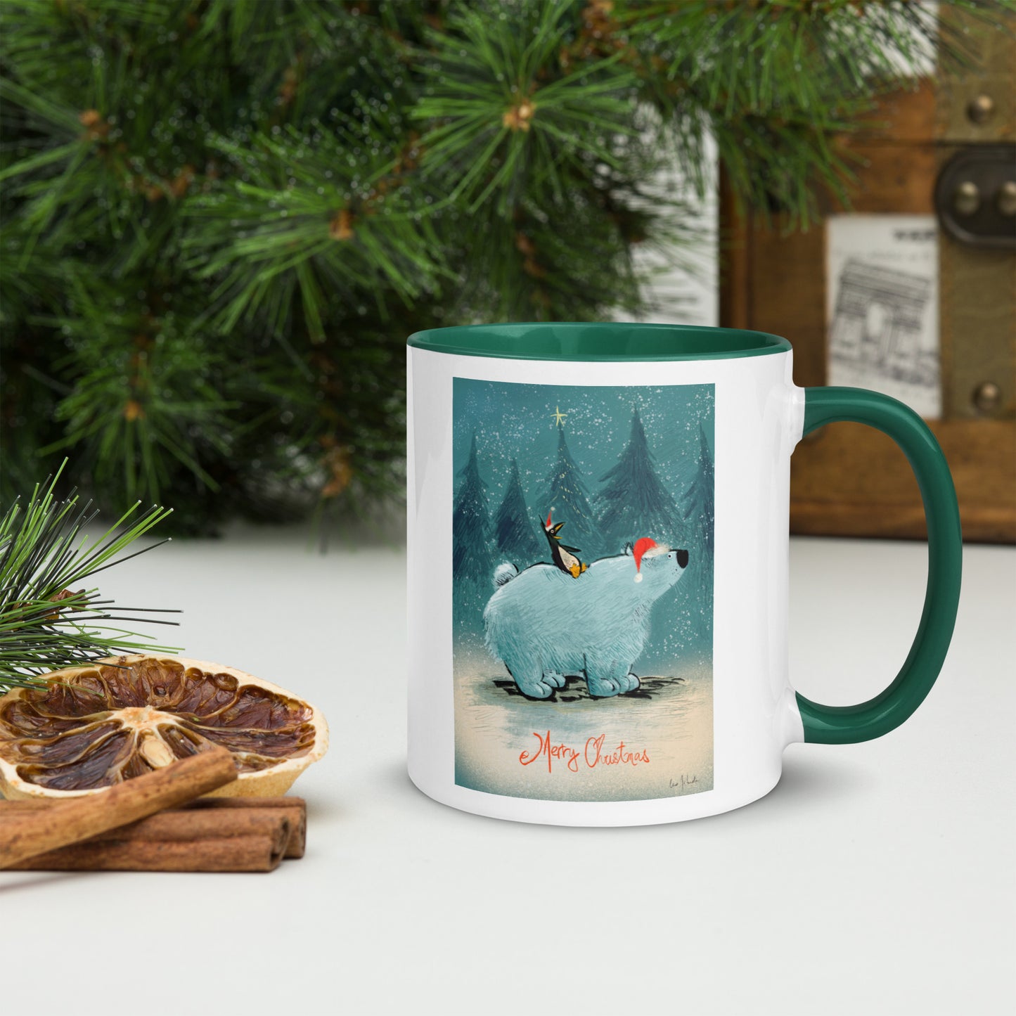 "Polar Bear and Penguin Mug with Color Inside - Hand-Drawn by Leo Matsuda | Festive Christmas Mug"